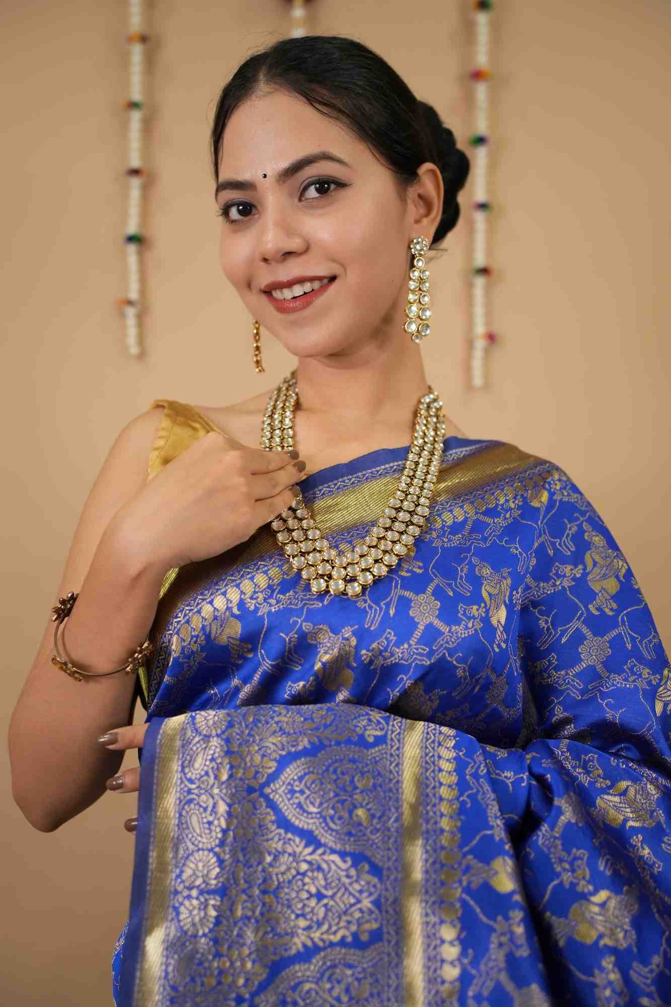 Krishna with flute motif woven kanjeevaram pattern ready to wear one minute saree