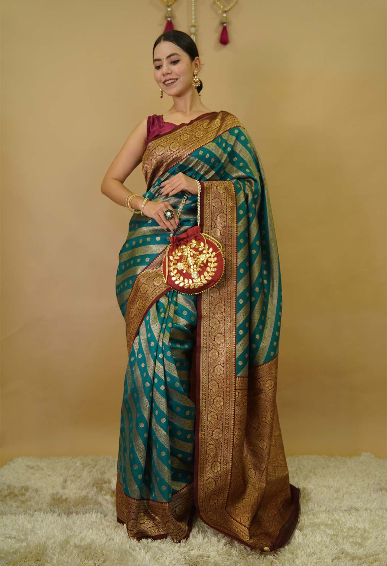 Ethnic Style Soft Kanjivaram With Broad Brocade Border & Over All Zari Weave Ready To Wear Saree