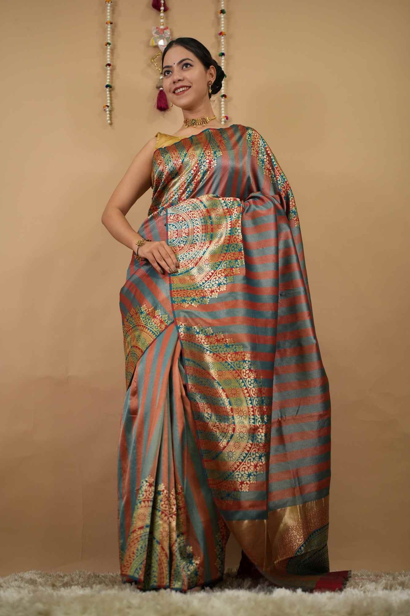 Rich Festive Multicolor Mandla Art Woven At Border Wrap in 1 minute saree