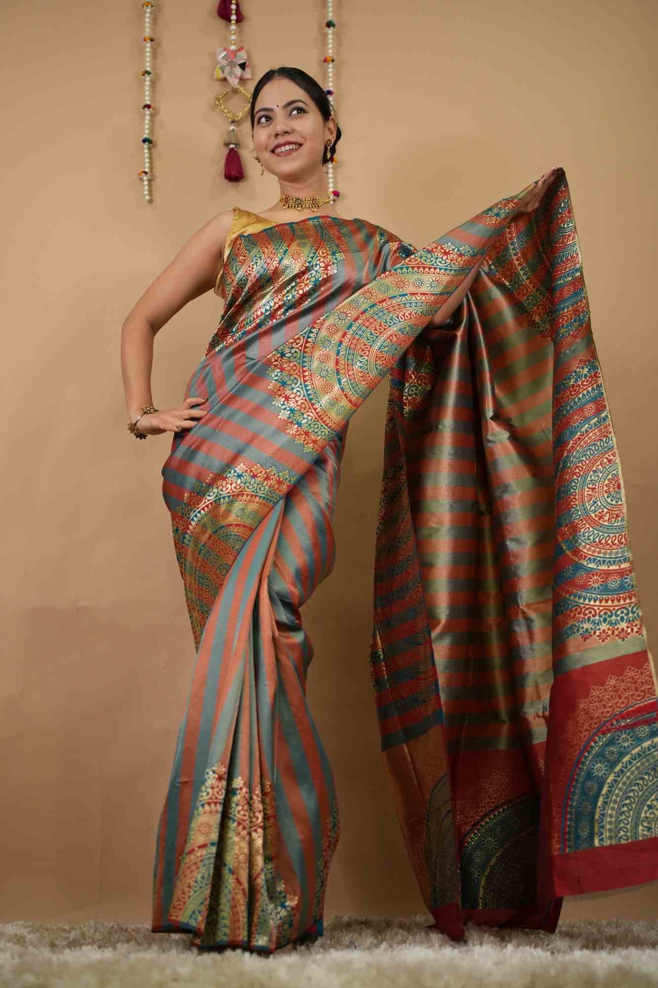 Rich Festive Multicolor Mandla Art Woven At Border Wrap in 1 minute saree