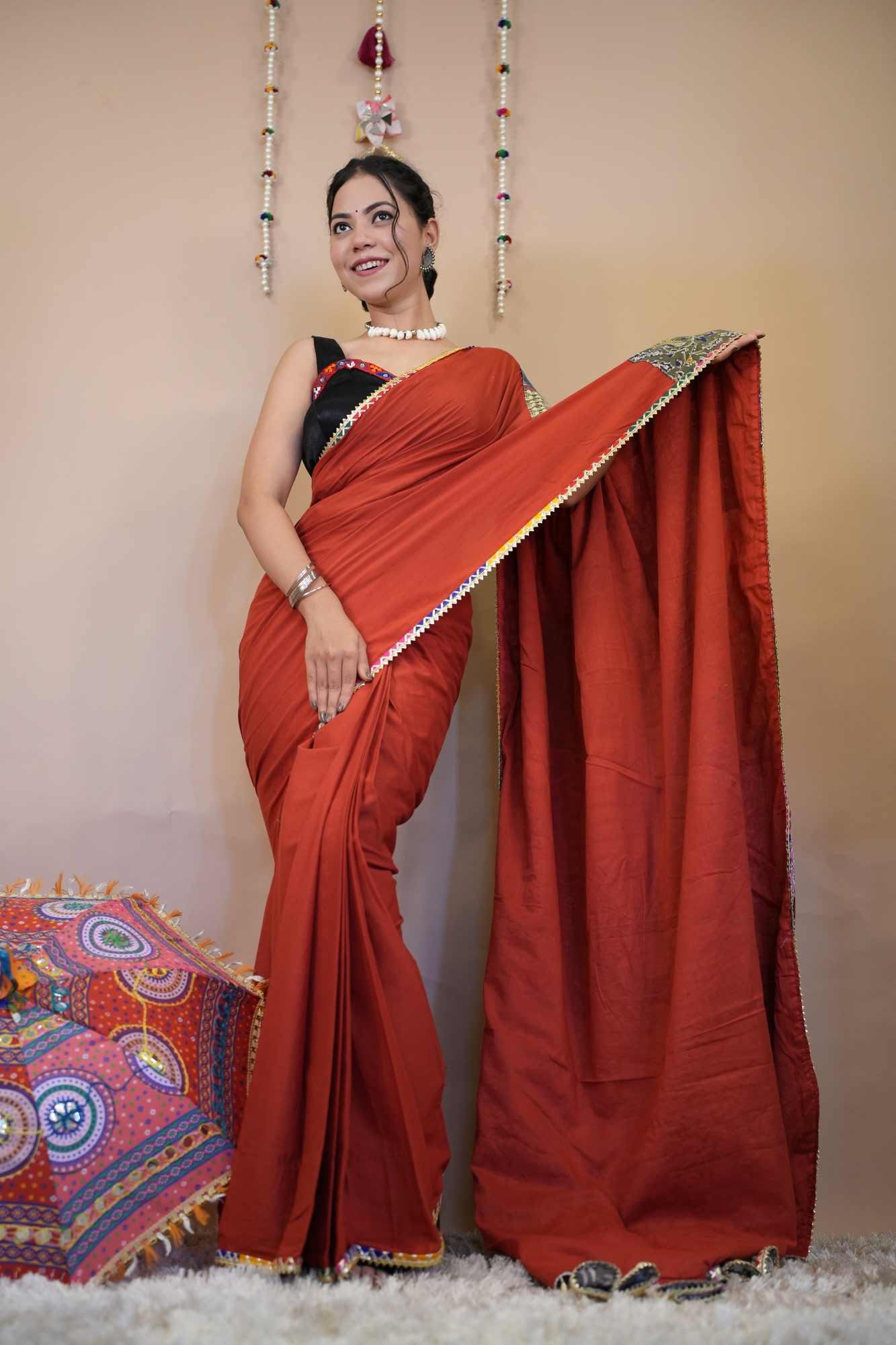 Designer Red Vibrant Patch Work Saree With Styles Tassels on  Pallu  Pure Cotton Ready To Wear Saree