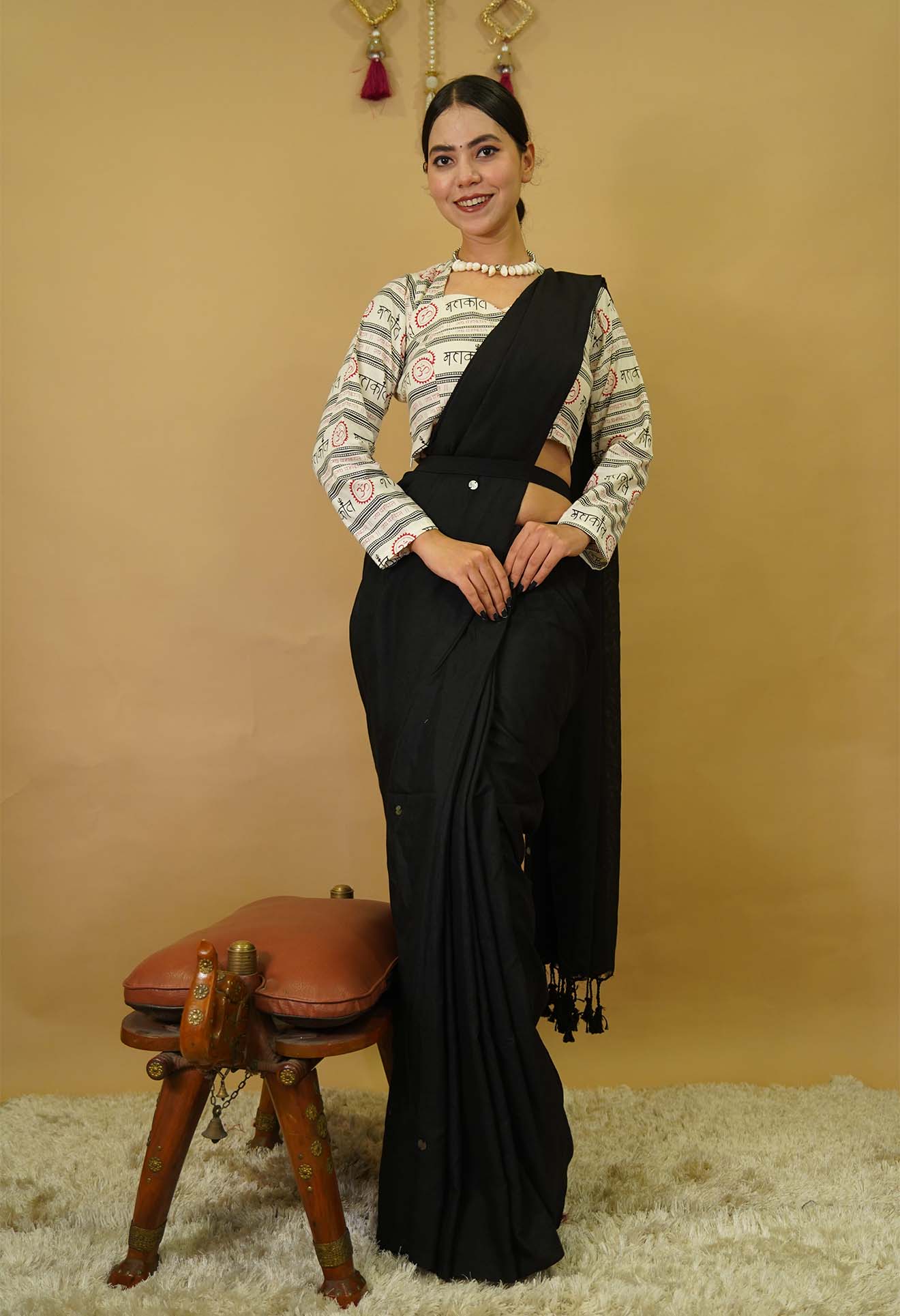 Beautiful Black Cotton With Tikki Embellished & Full Sleeve Mahakal Printed Blouse Pre stitched Saree & ready blouse