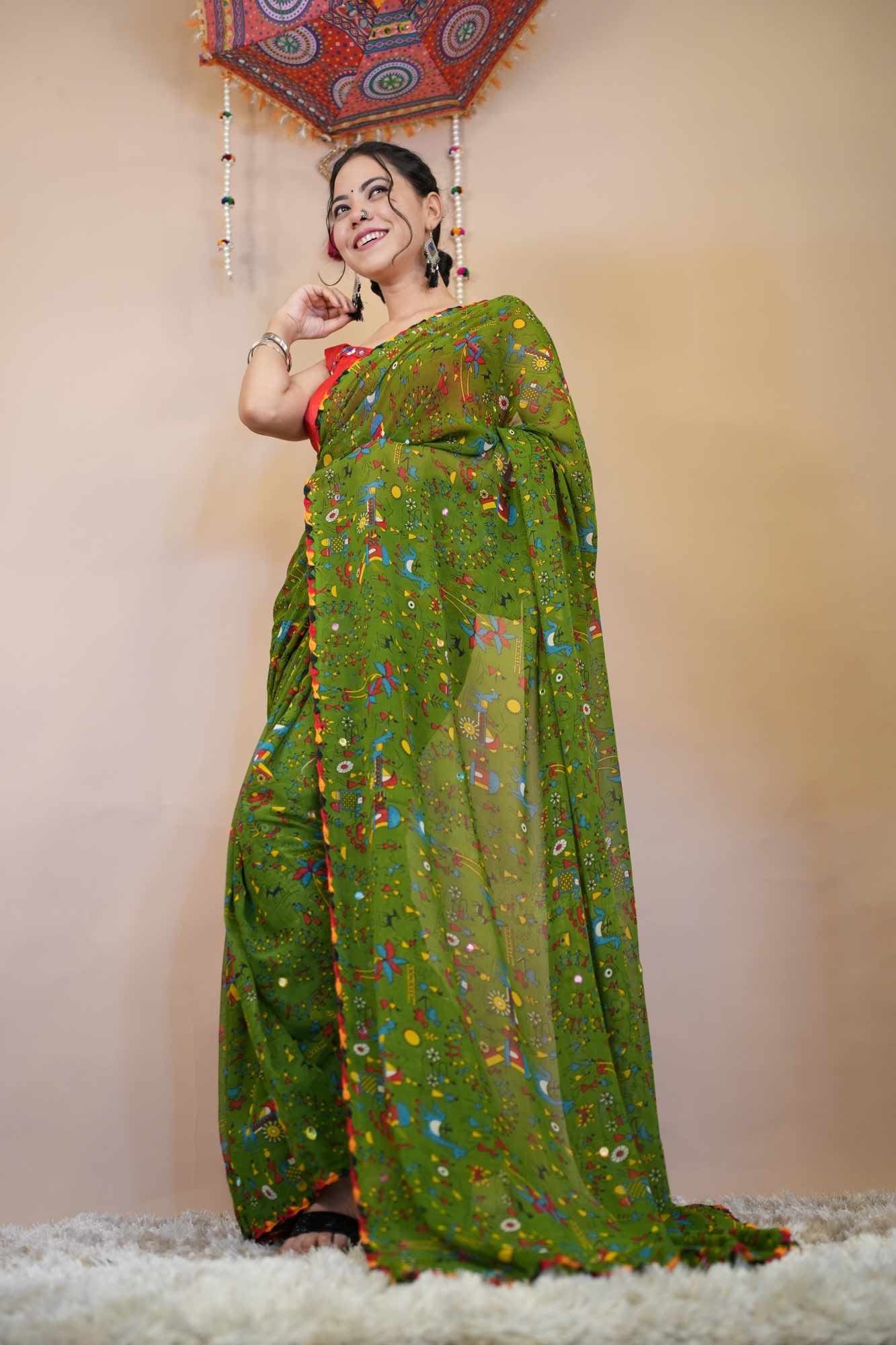 Rich Green Georgette Artistic Printed  With Thread Aari work Border Wrap in 1 minute saree