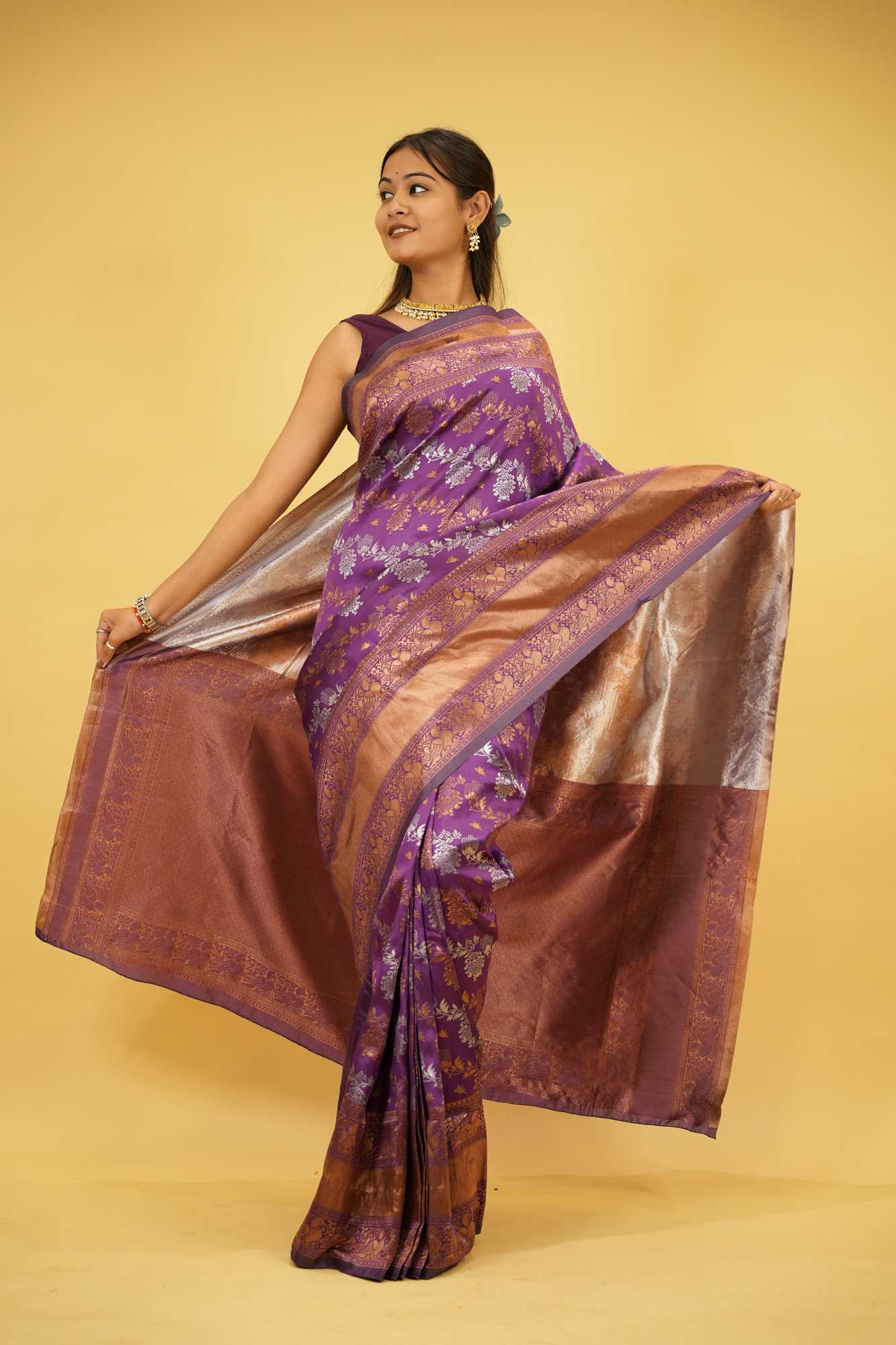 Soft Lichi Silk with Antique Zari & Peacock Motifs Ready To Wear Saree