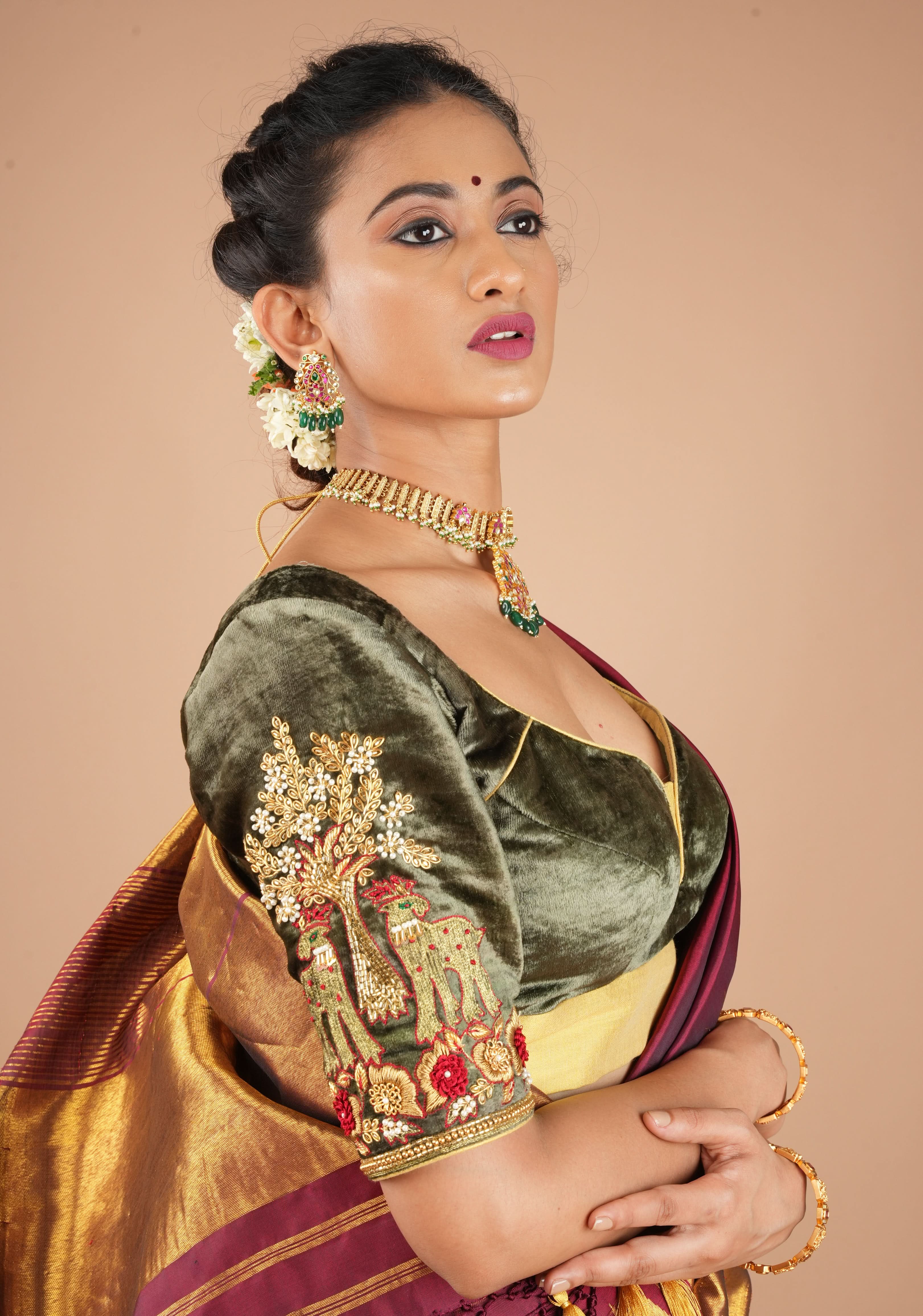 Patina Gray Velvet Blouse with Zardosi Meenakari Handwork, Mix and Match Blouse for Saree and Lehenga, Customizable, Made to Order | Shobitam