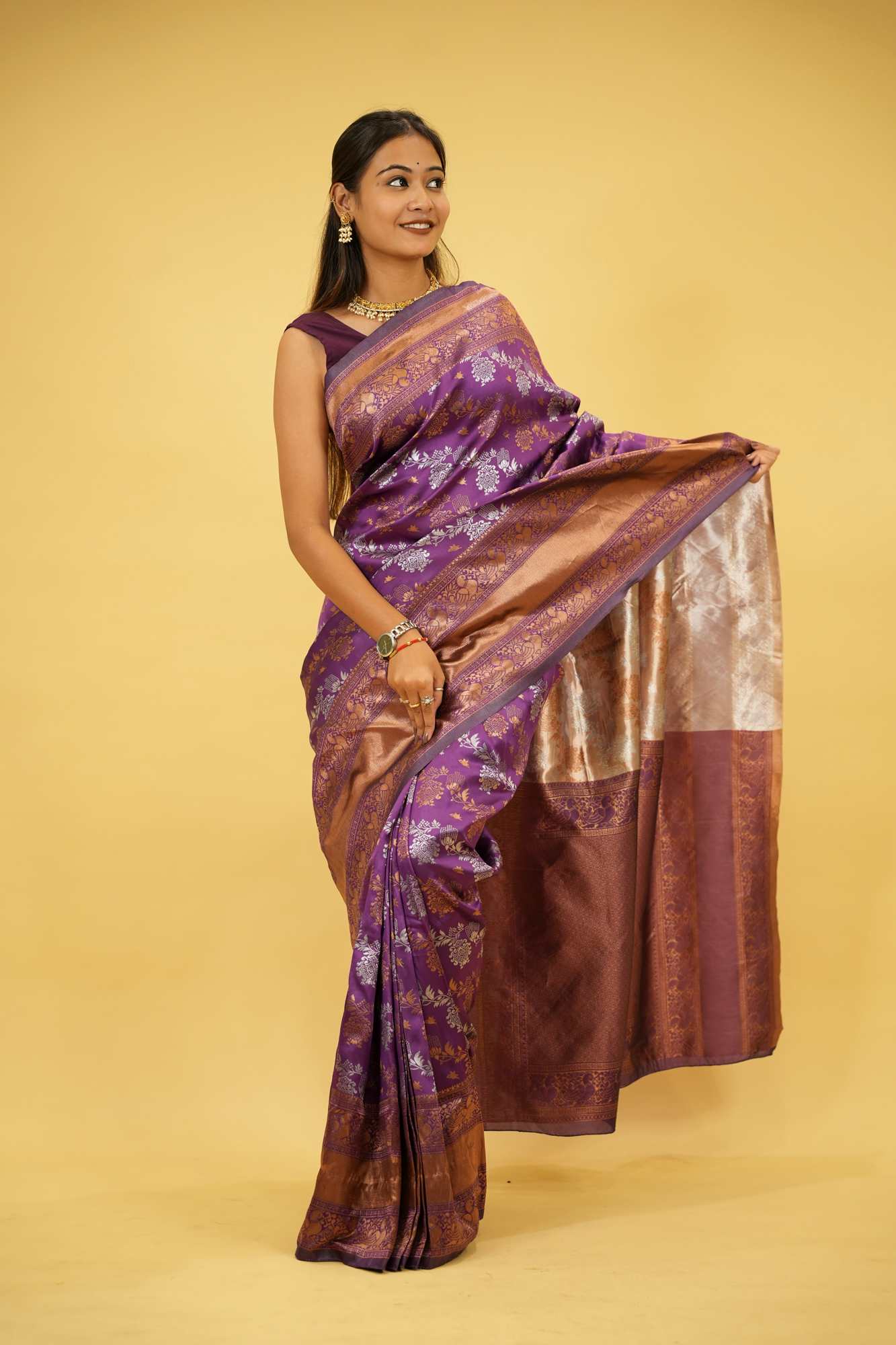 Soft Lichi Silk with Antique Zari & Peacock Motifs Ready To Wear Saree