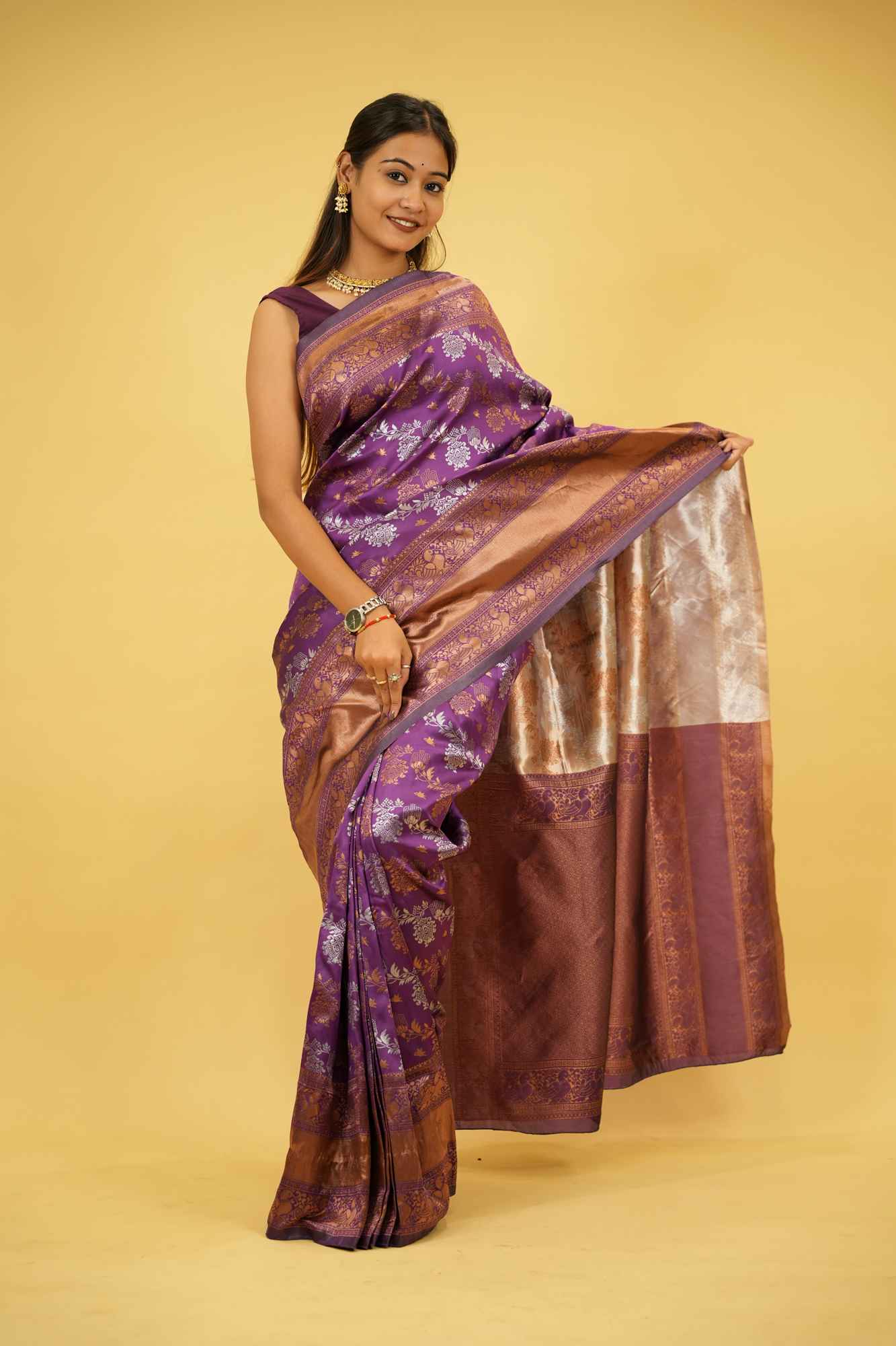 Soft Lichi Silk with Antique Zari & Peacock Motifs Ready To Wear Saree