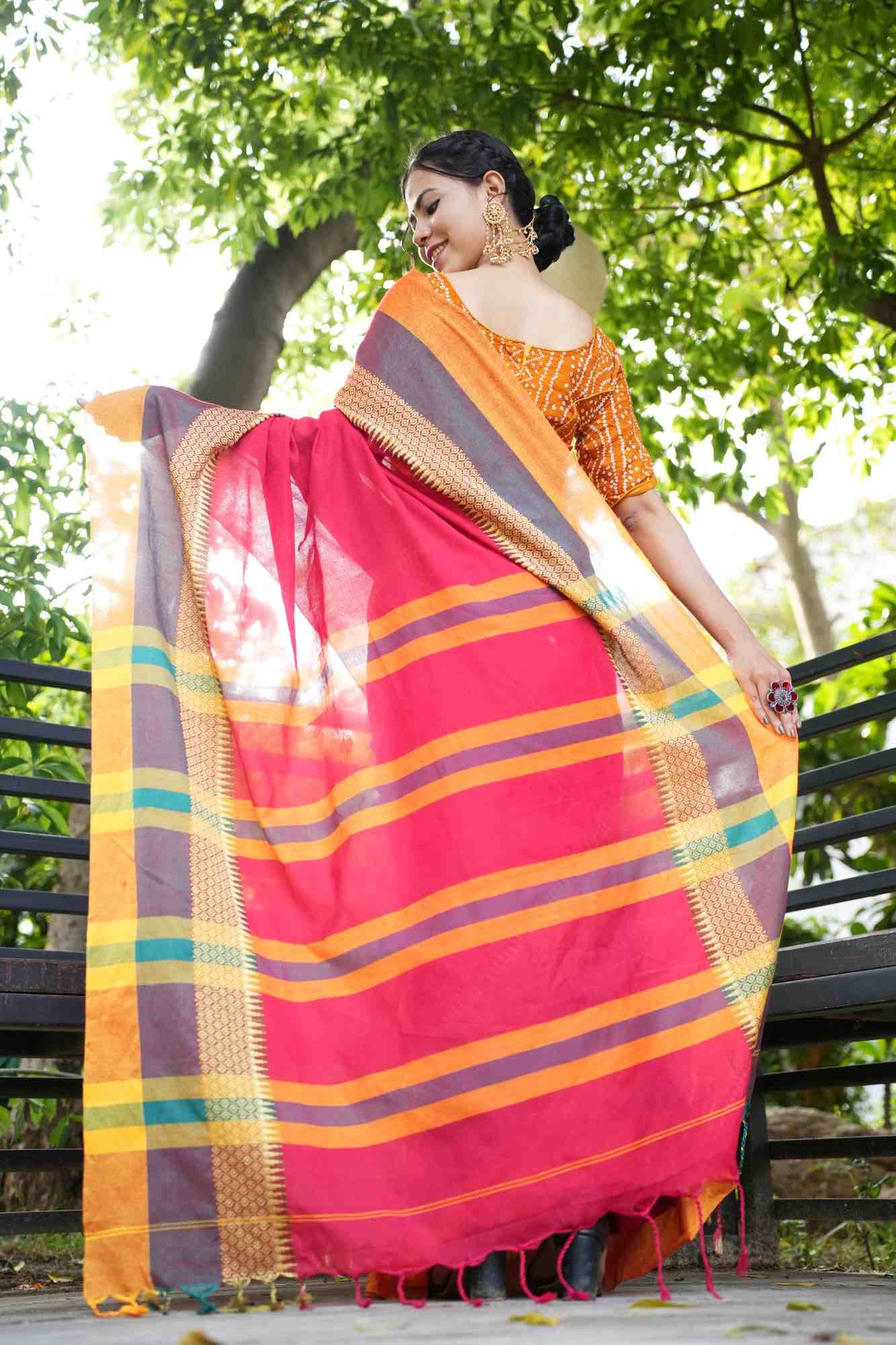 Traditional Handloom Weave Pure Cotton With Contrast Temple Bordered Ready To Wear Saree