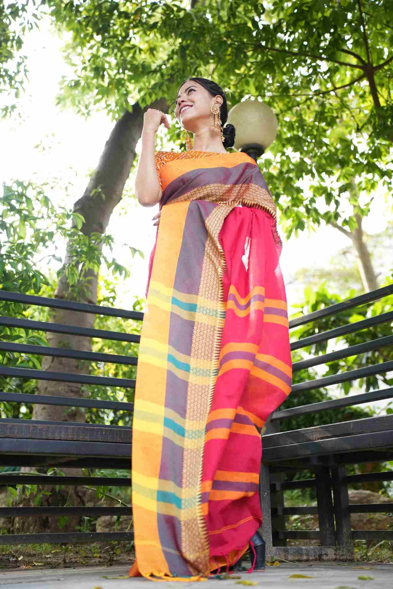 Traditional Handloom Weave Pure Cotton With Contrast Temple Bordered Ready To Wear Saree