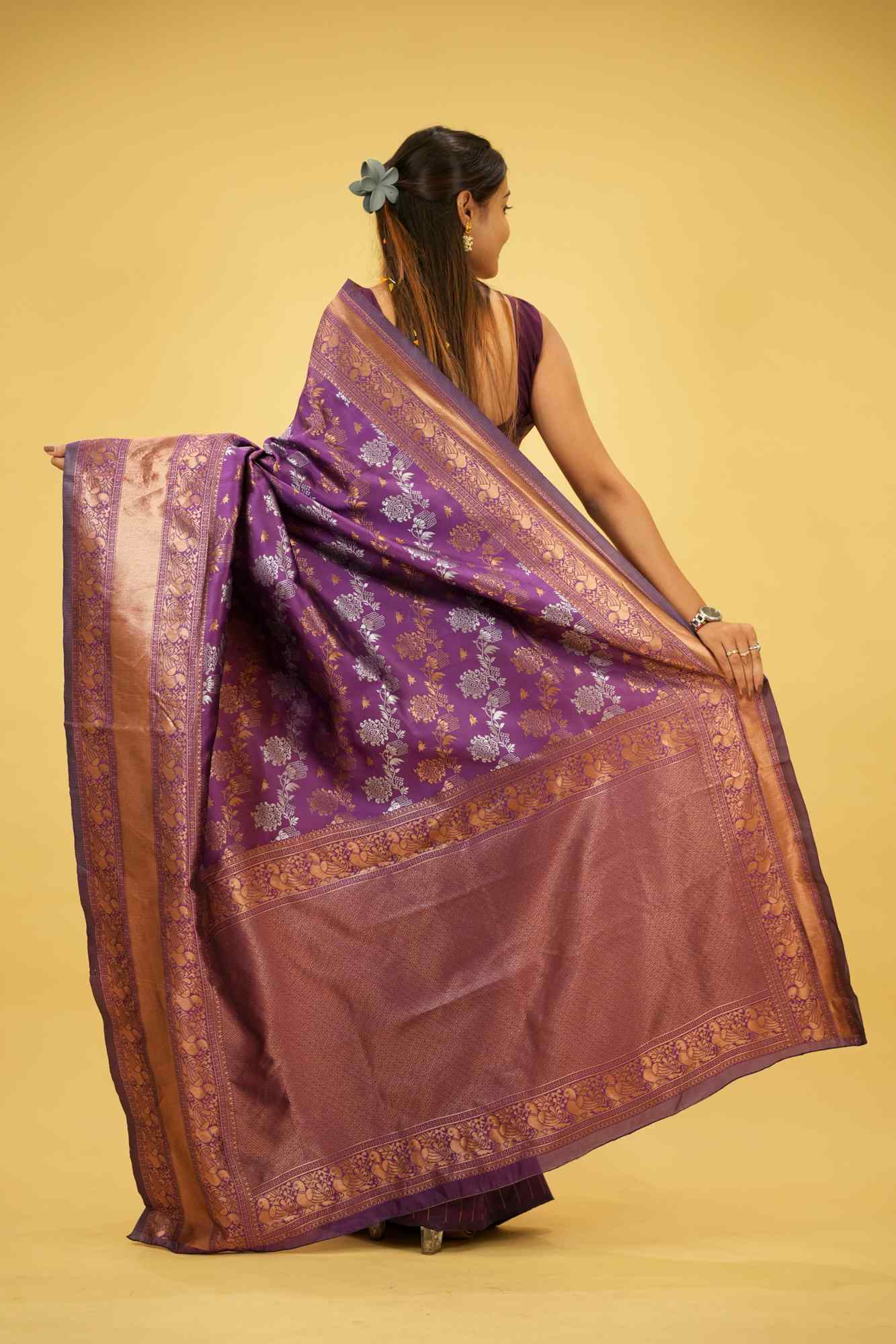 Soft Lichi Silk with Antique Zari & Peacock Motifs Ready To Wear Saree