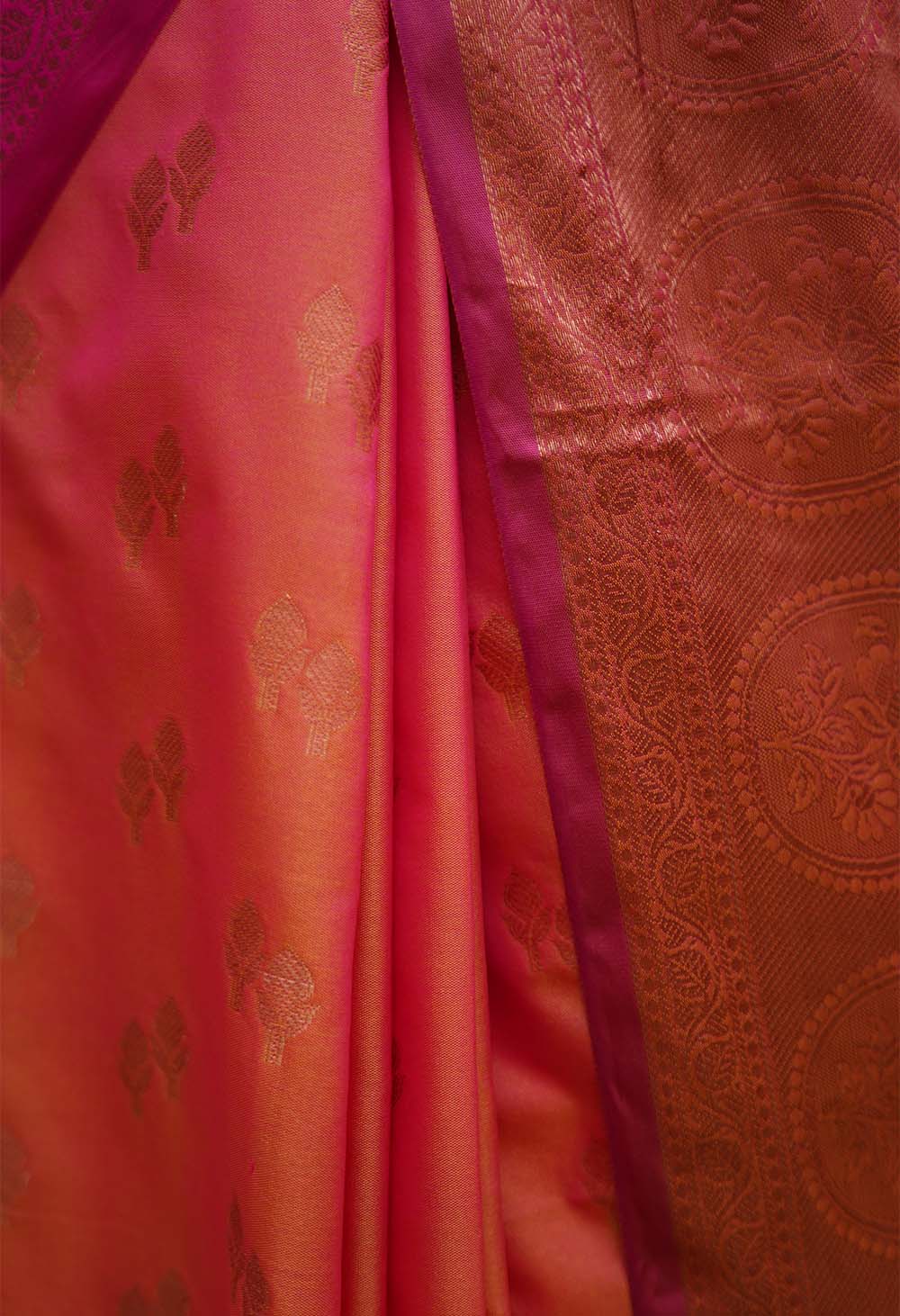 Beautiful Dhoop chaanv effect Zari Butta Overall And Pink Broad Bordered Ornate Palla With Tassels Ready To Wear Saree