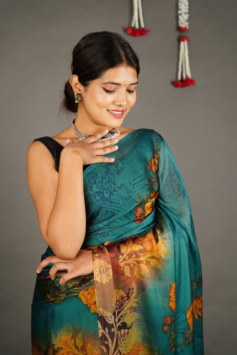 Ready To Wear Turquoise Floral Printed  Wrap in 1 minute saree With Readymade Blouse - Isadora Life Online Shopping Store