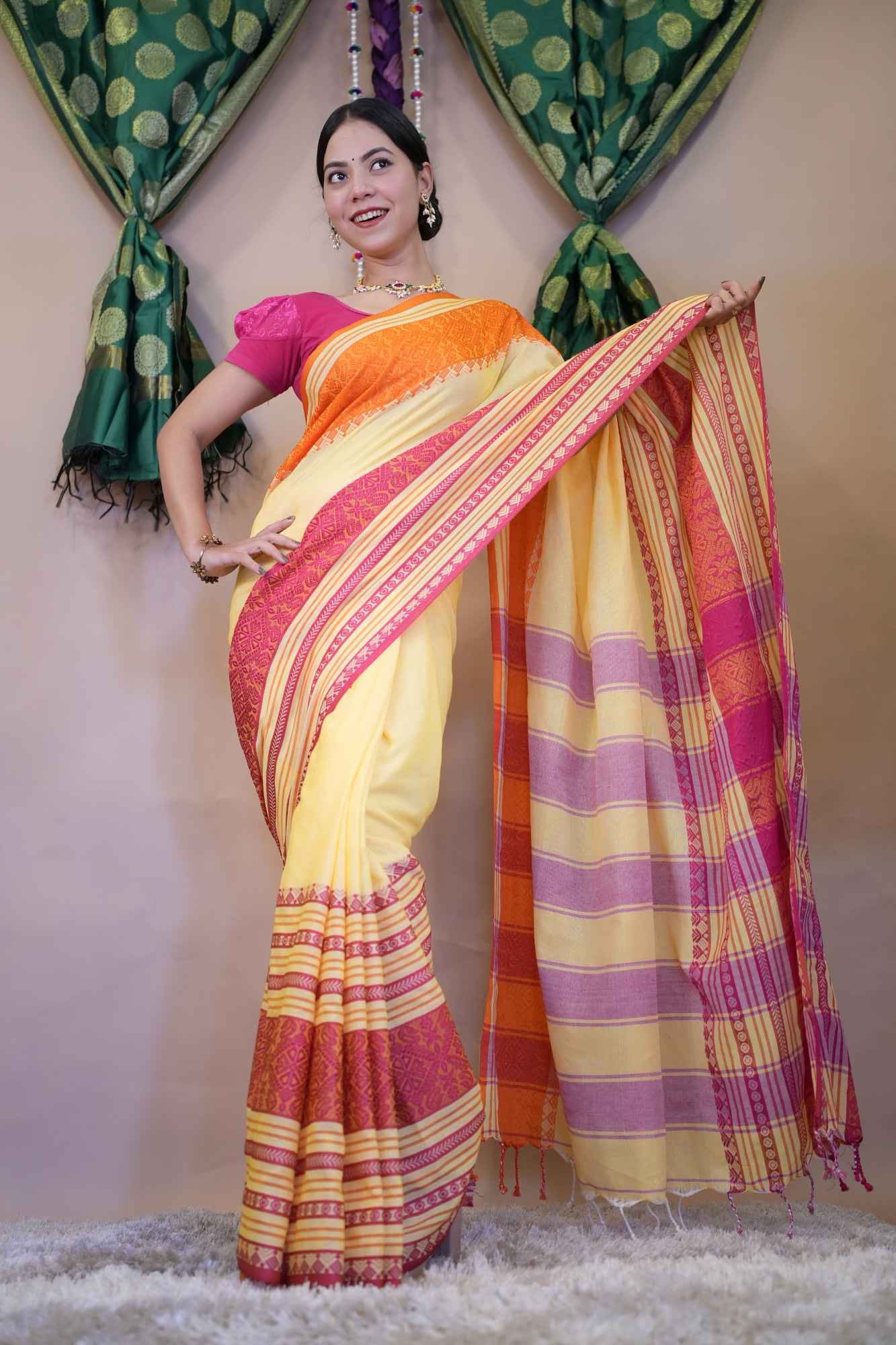 Bengali khadi Cotton Handloom With Pink Begampuri Border Naksha weave Wrap In 1 Minute Saree