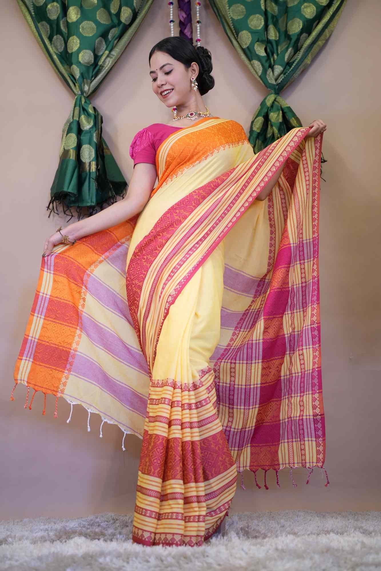 Bengali khadi Cotton Handloom With Pink Begampuri Border Naksha weave Wrap In 1 Minute Saree