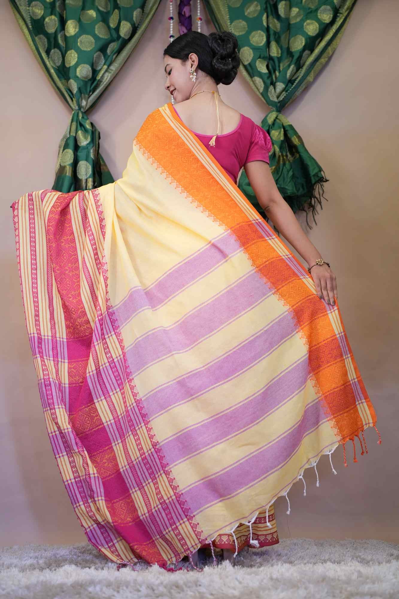 Bengali khadi Cotton Handloom With Pink Begampuri Border Naksha weave Wrap In 1 Minute Saree