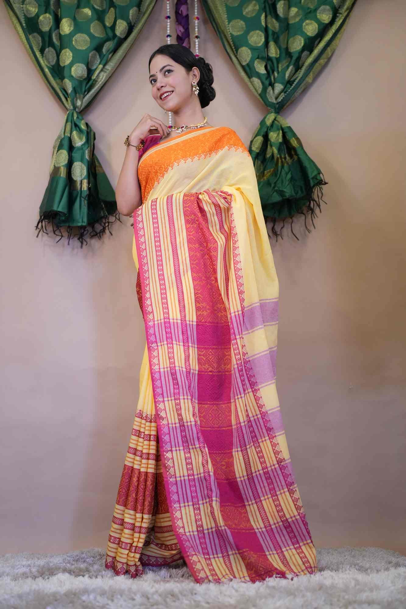 Bengali khadi Cotton Handloom With Pink Begampuri Border Naksha weave Wrap In 1 Minute Saree