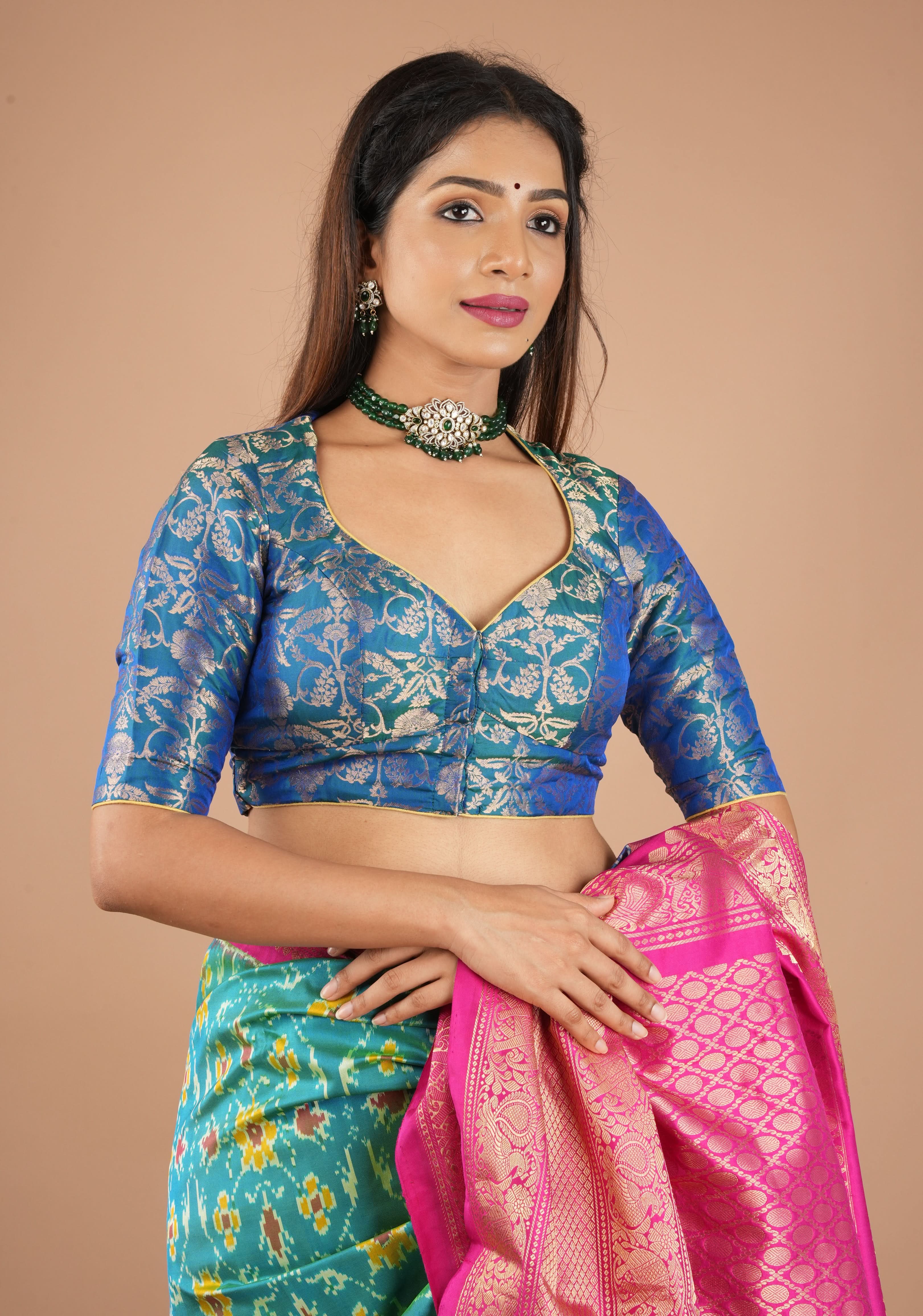 Peacock Blue Green Banarasi Pure Silk Brocade Blouse,customizable, made-to-order | Shobitam