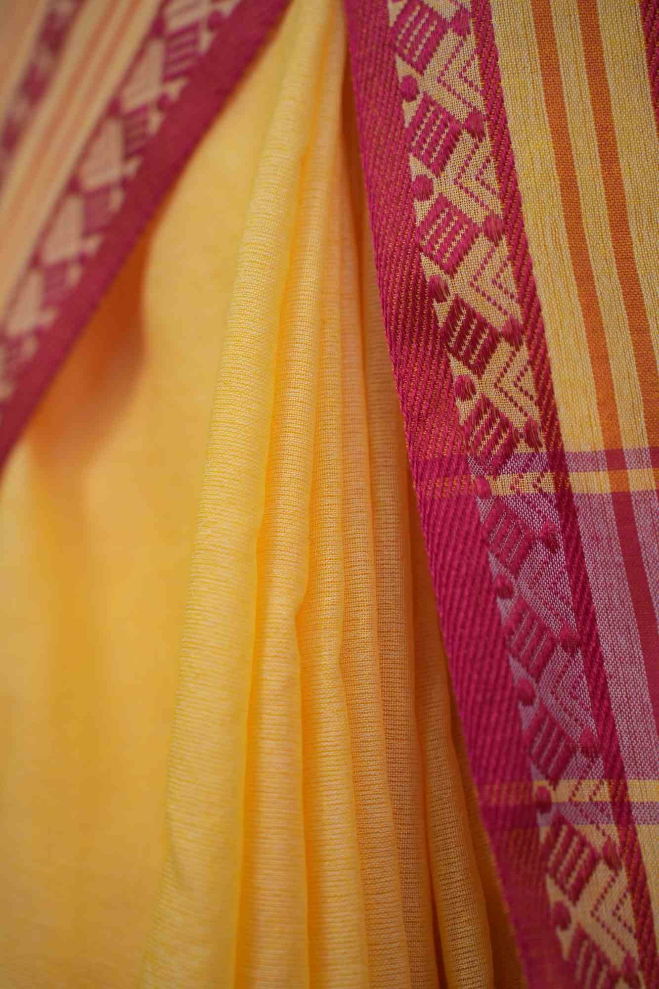 Bengali khadi Cotton Handloom With Pink Begampuri Border Naksha weave Wrap In 1 Minute Saree