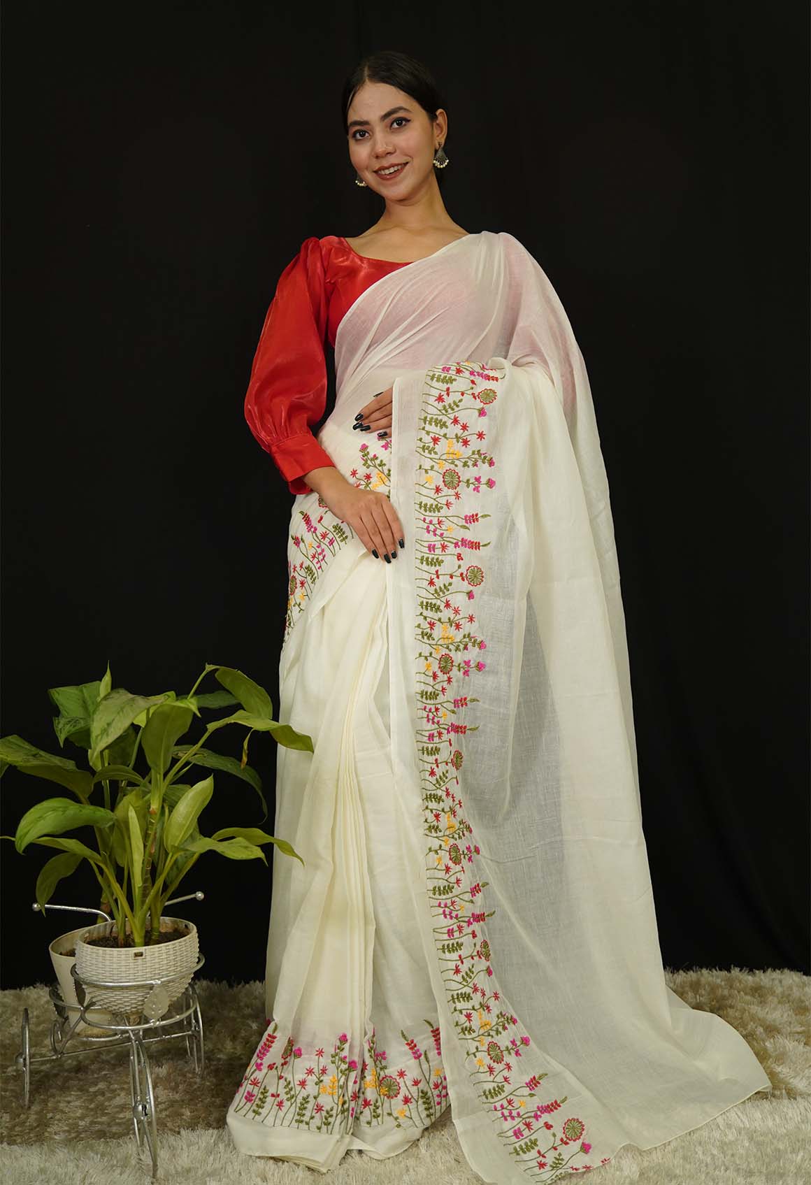 Ready to wear saree Resham embroidered border cotton prestitched saree