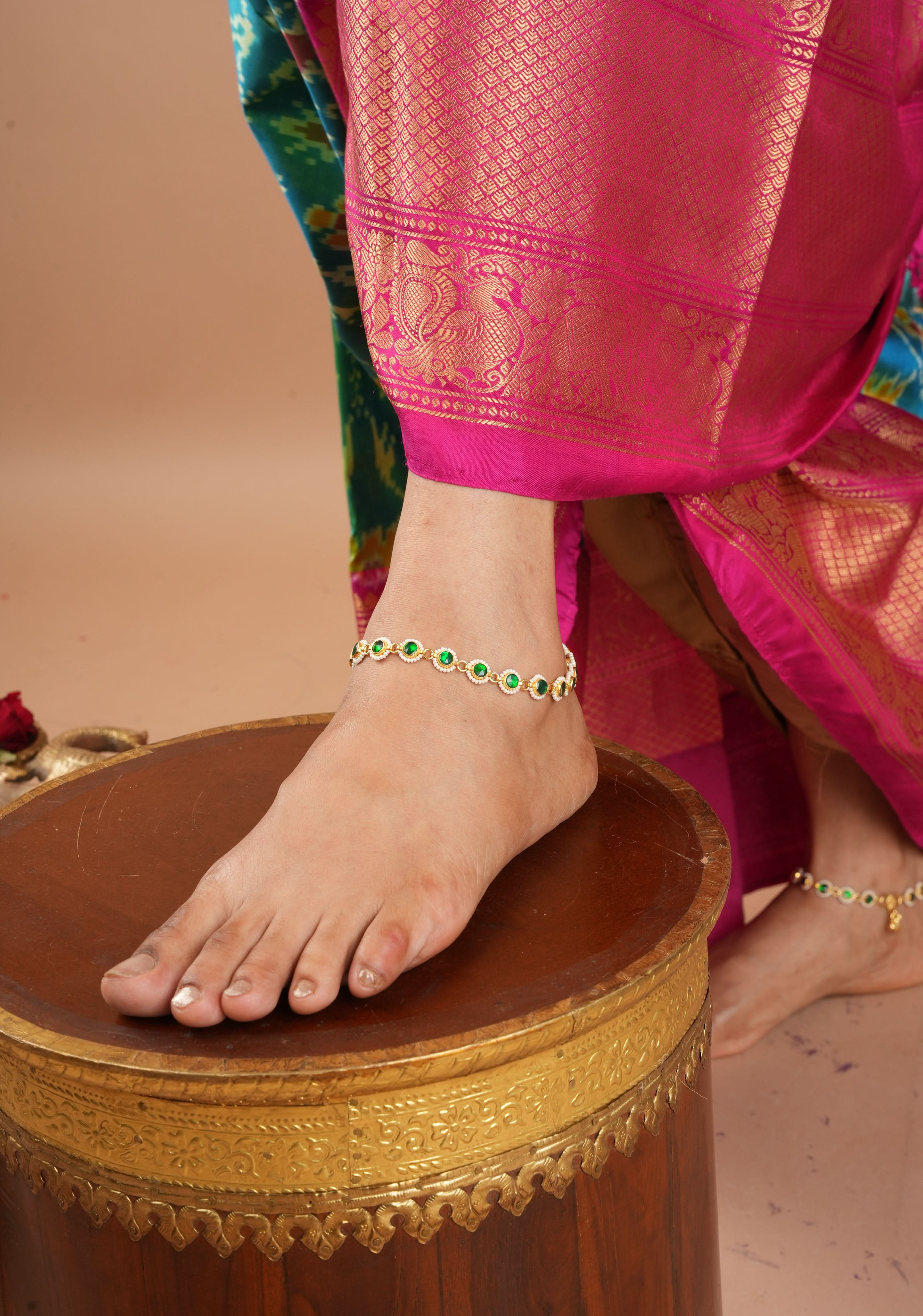 Payal - Green Pirohi-Work Anklet | Shobitam