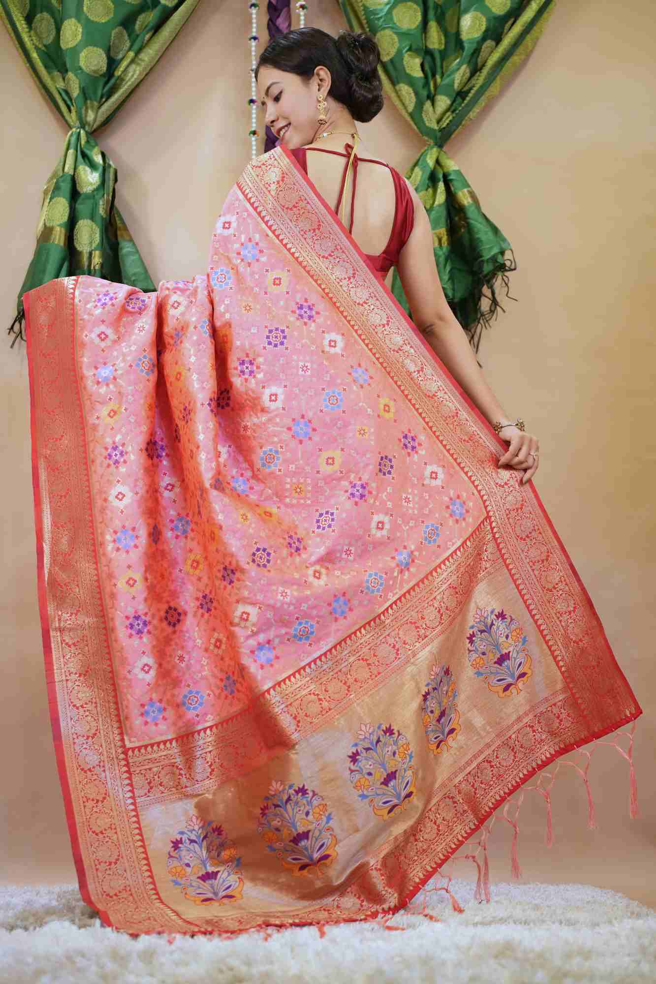 Beautiful Patola weave pattern With Multicolor Meenkari Woven With Ornate Palla Wrap In One Minute Saree