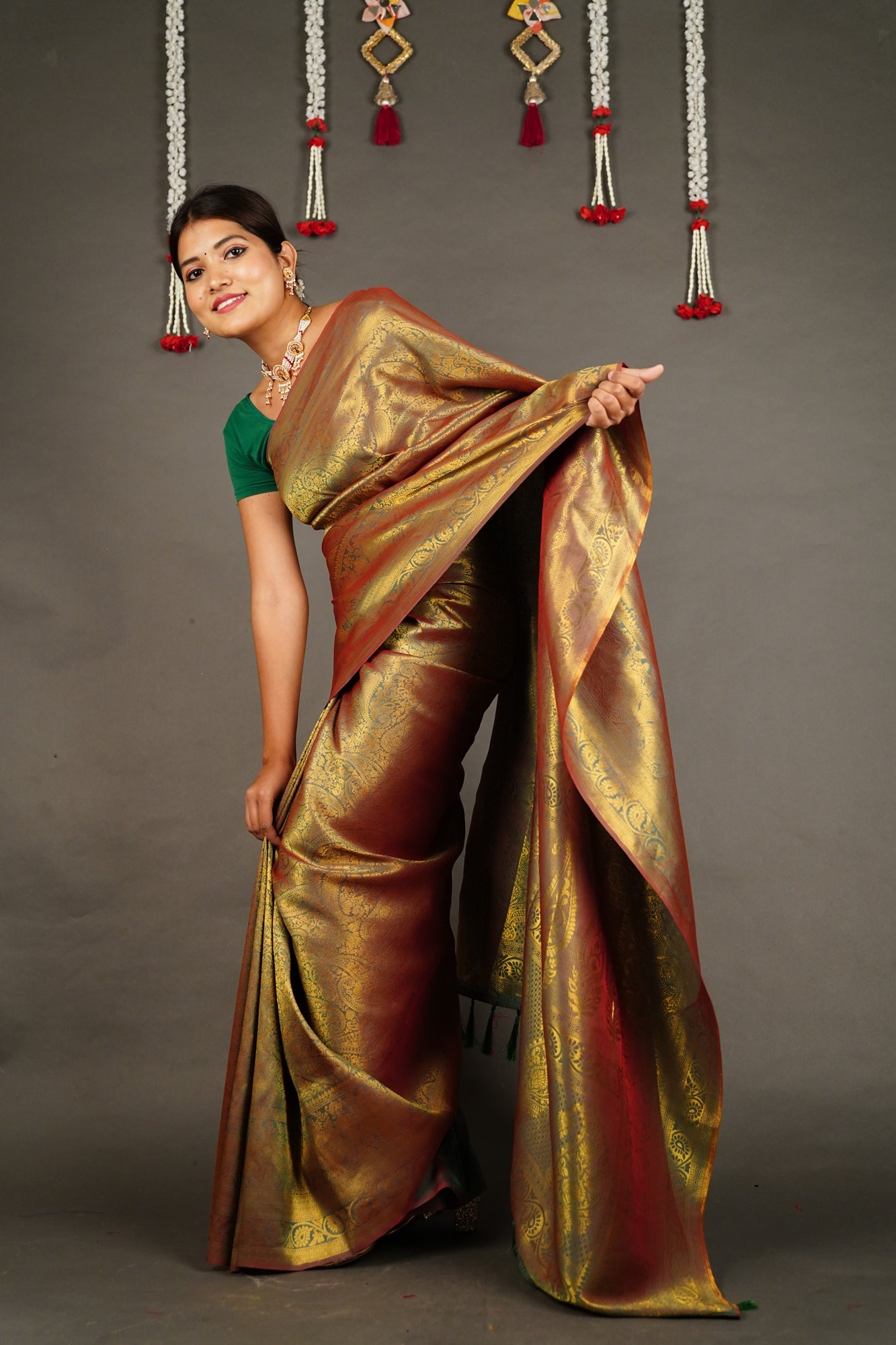 Ready To Wear Dhoop Chaanv Kanchipuram Olive Green Wrap in 1 minute saree With Readymade Blouse - Isadora Life Online Shopping Store