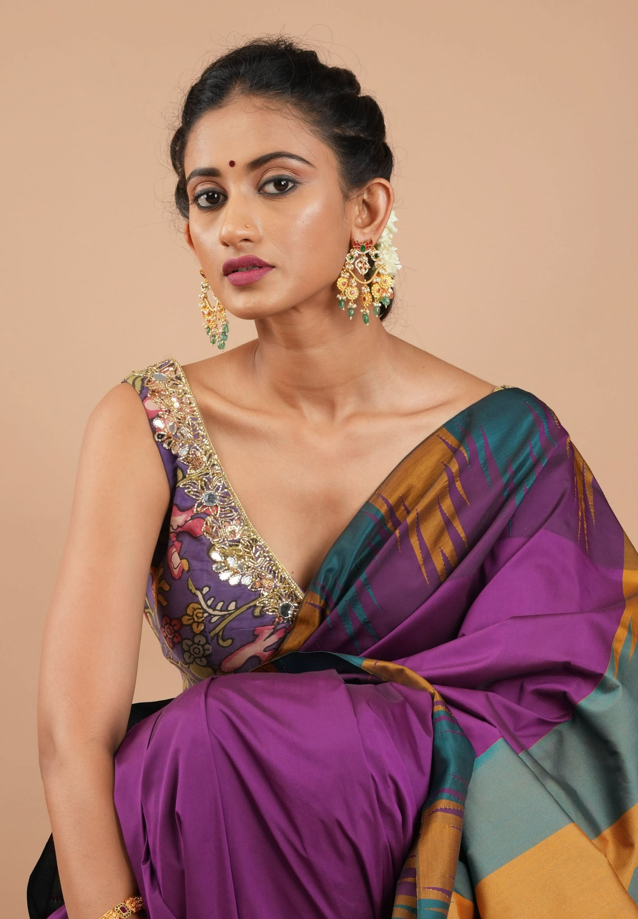 Purple Pure Pen Kalamkari Sleeveless Blouse with Mirror and Cutdana handworked embellishments, customizable, made-to-order | Shobitam