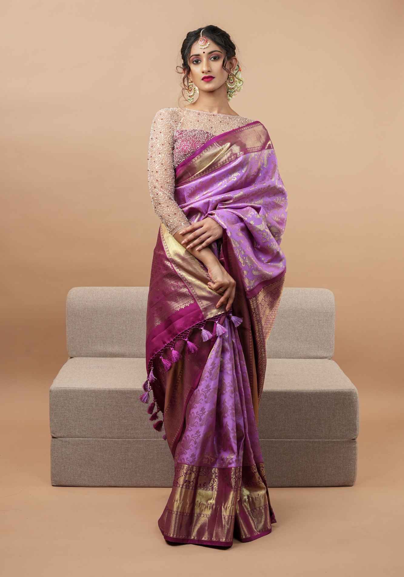 Brocade Kanjivaram Pure Silk in Lilac and Purple with Peacock Leheria design Wrap in 1 minute saree