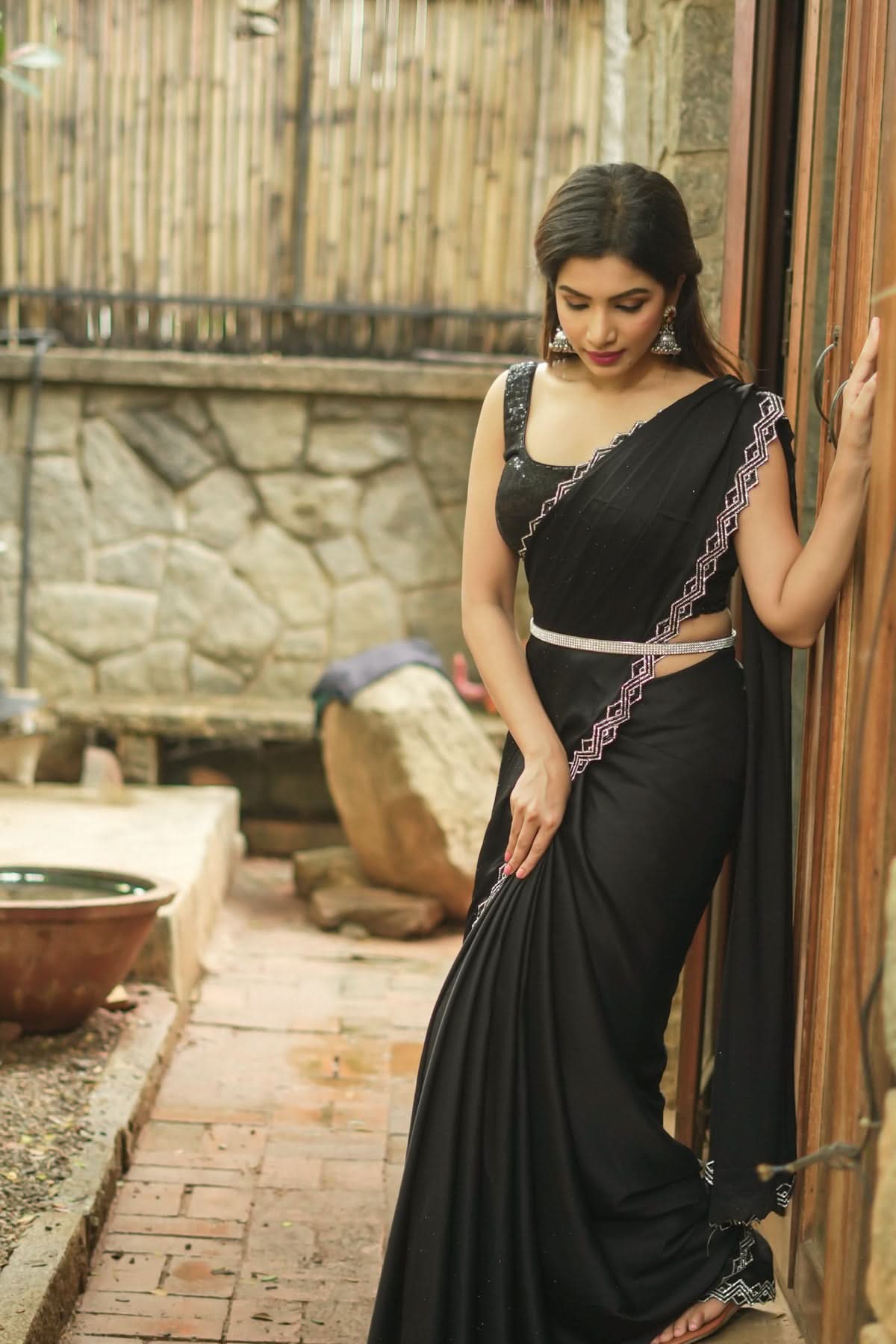 Shamoo Satin Silk saree in Black with elegant crystal work | Shobitam