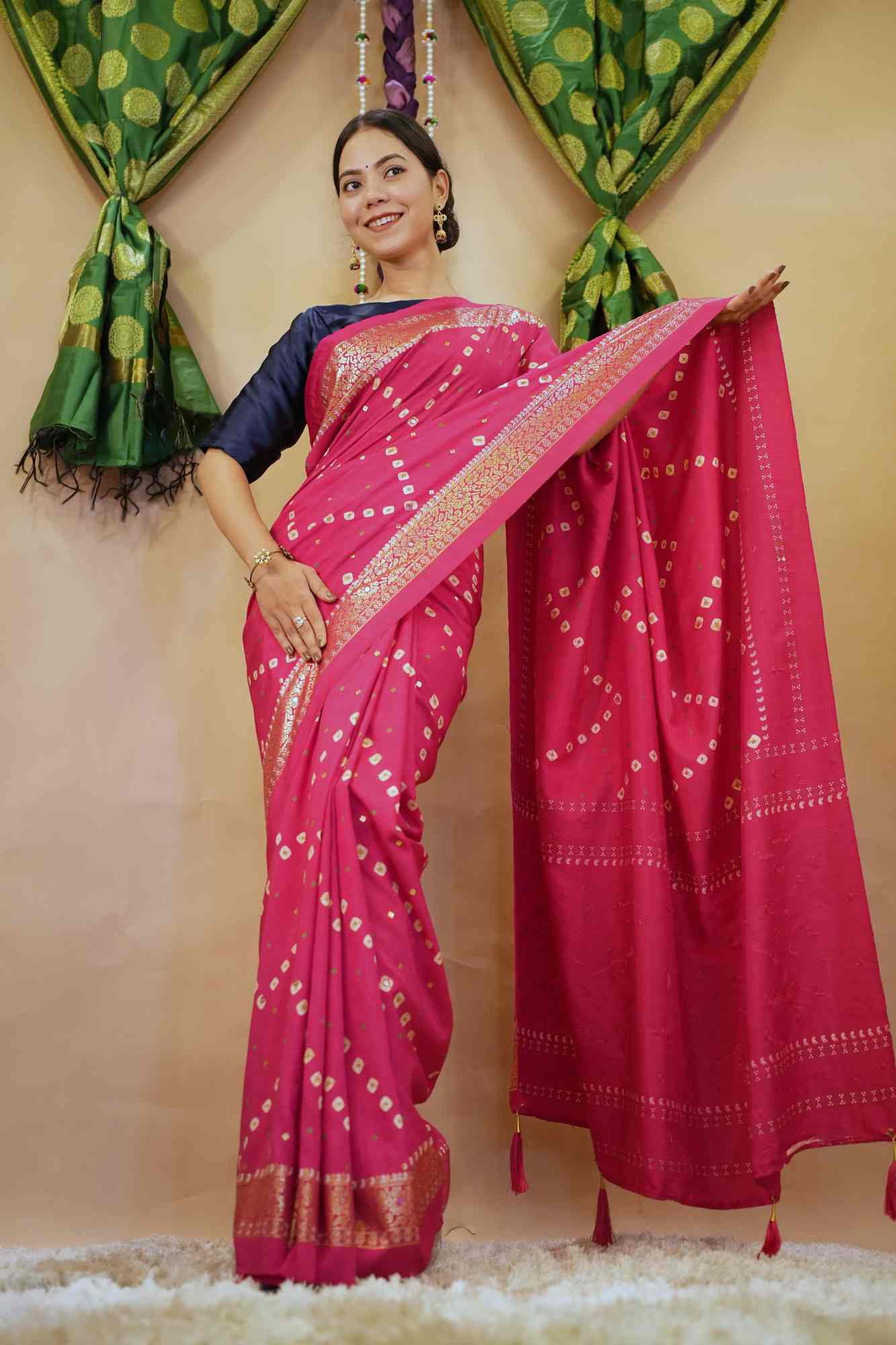 Bandhani With  Printed Border & Mirror Embellished readymade stitched saree with tassels