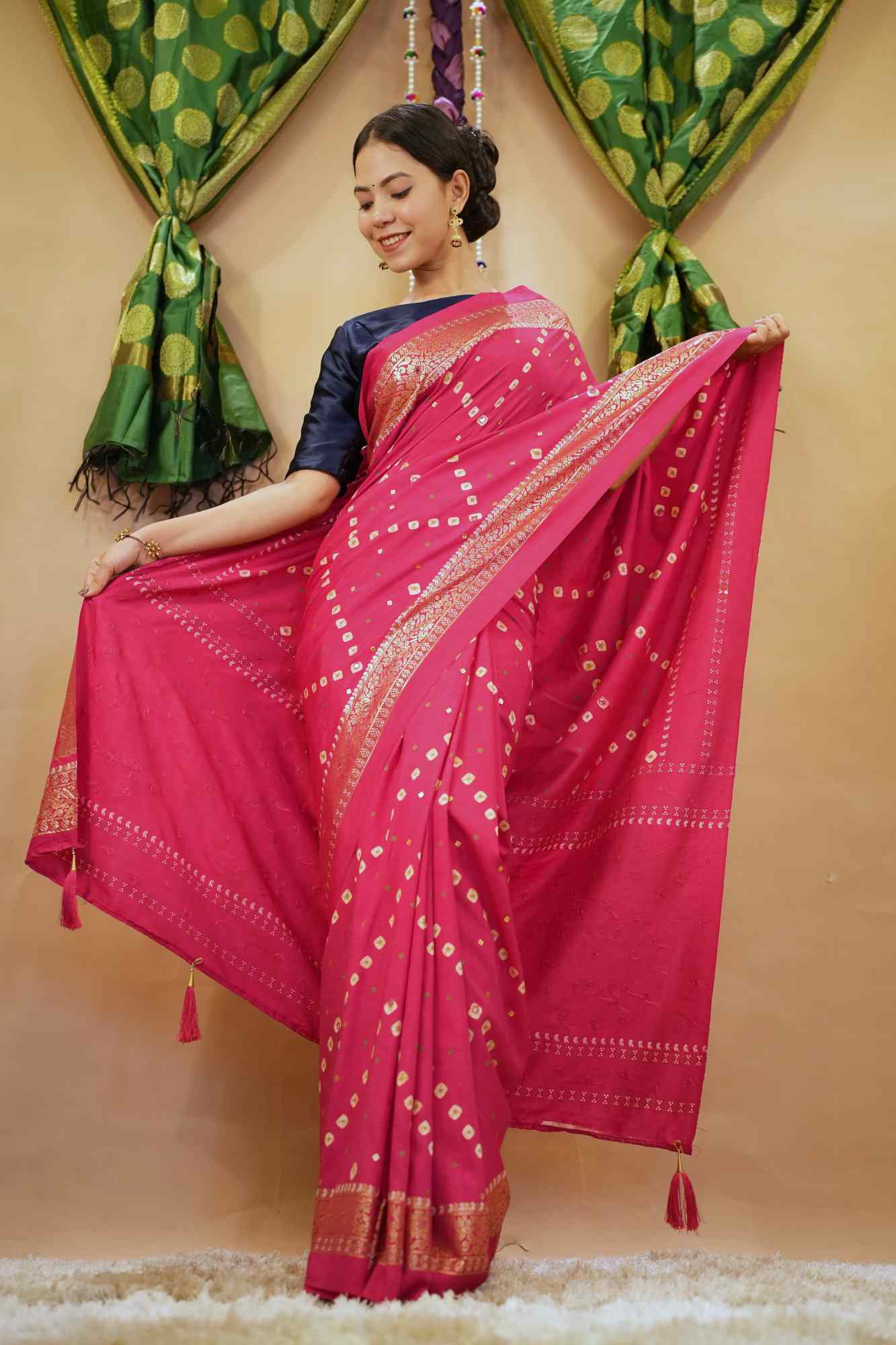 Bandhani With  Printed Border & Mirror Embellished readymade stitched saree with tassels