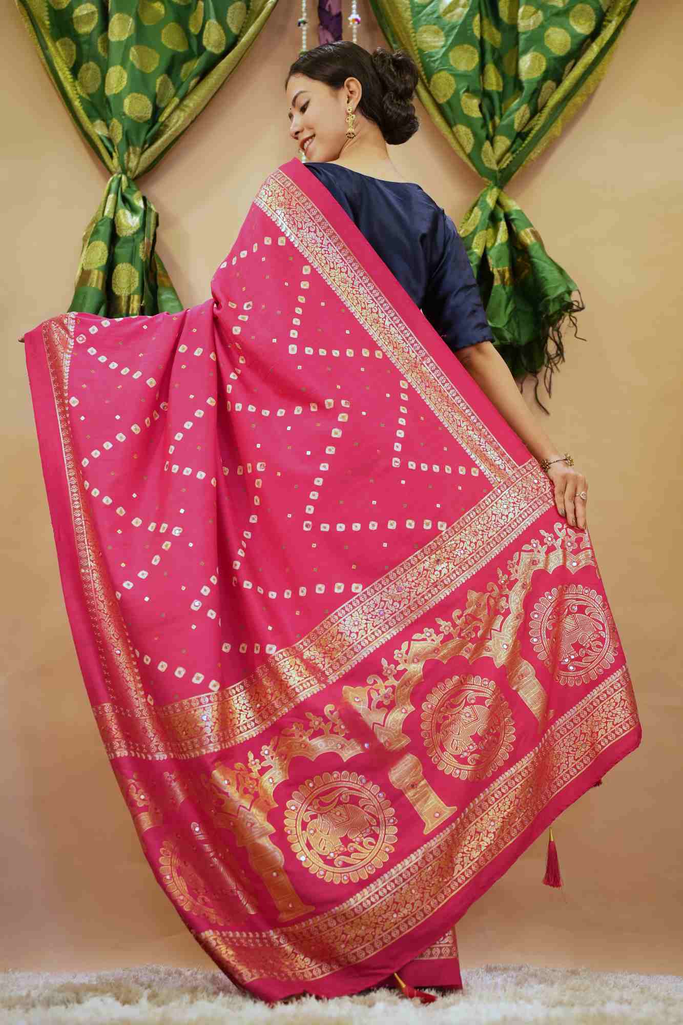 Bandhani With  Printed Border & Mirror Embellished readymade stitched saree with tassels