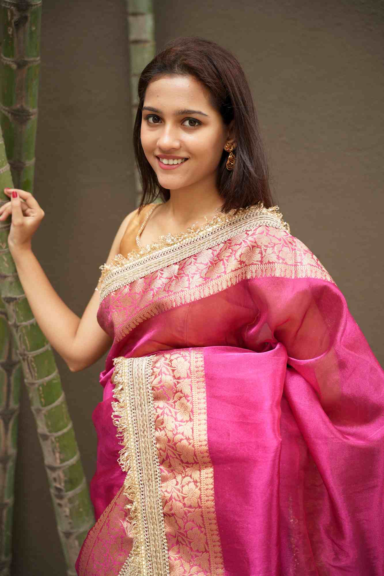 Rani Pink Banarasi-Inspired Tissue Silk with Zari-Embroidered Border Ready To Wear Saree