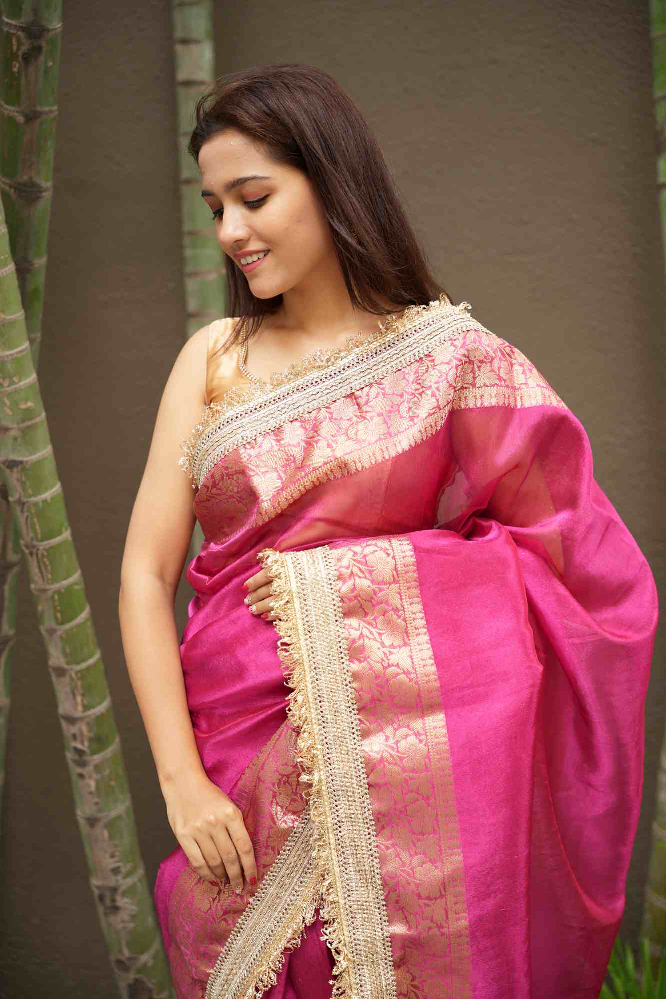 Rani Pink Banarasi-Inspired Tissue Silk with Zari-Embroidered Border Ready To Wear Saree