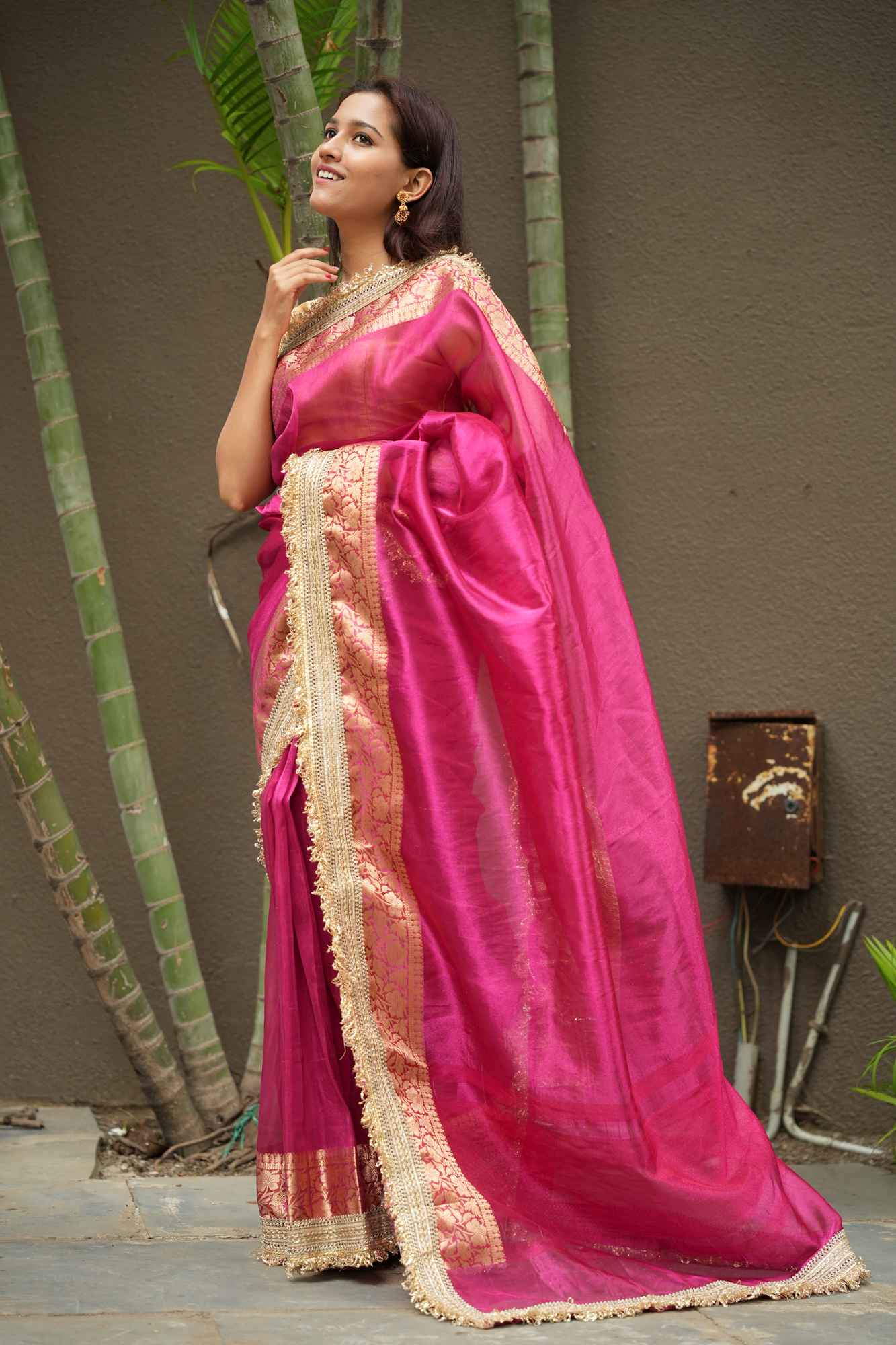 Rani Pink Banarasi-Inspired Tissue Silk with Zari-Embroidered Border Ready To Wear Saree