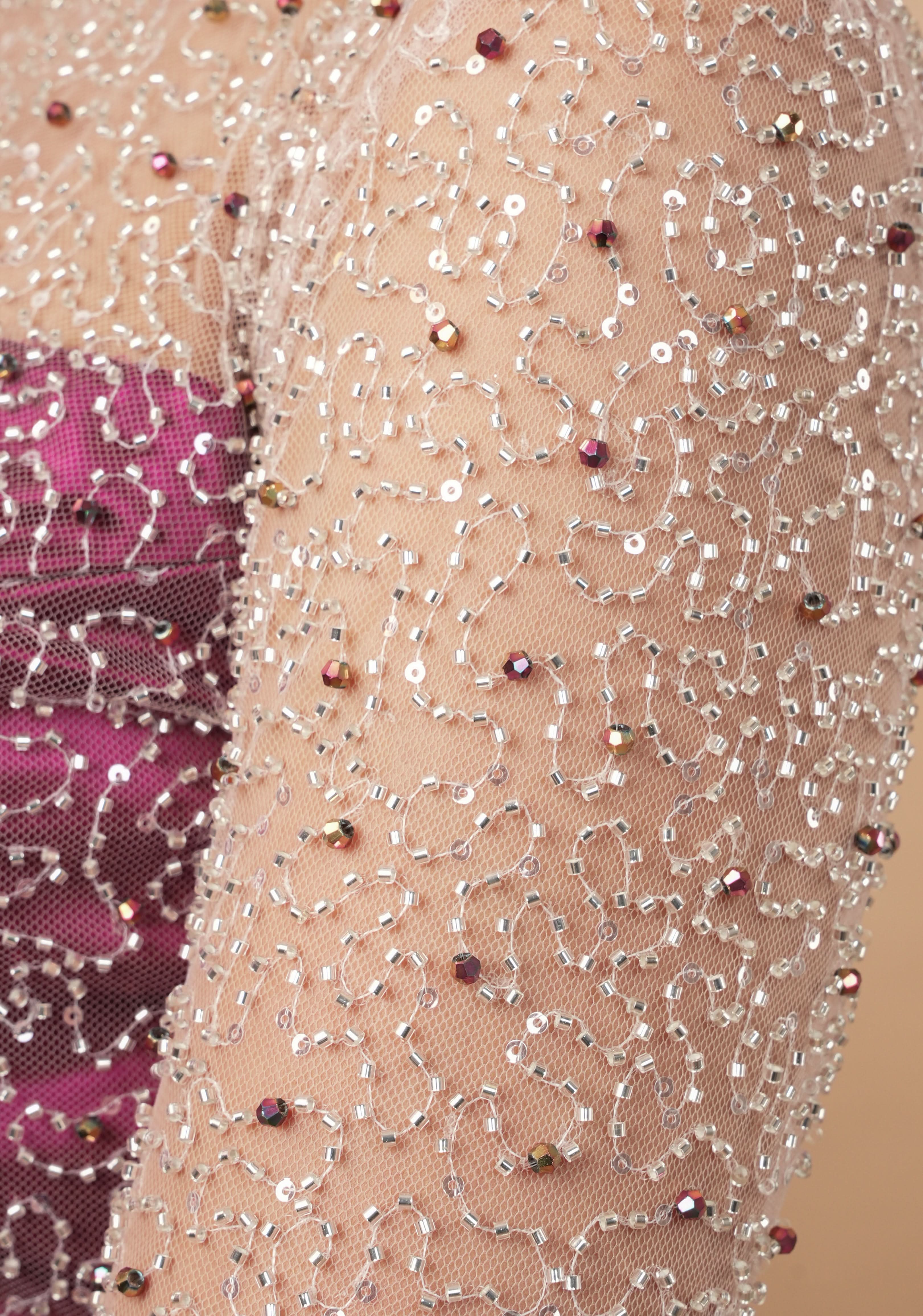 Illusion Neck Blouse with 3/4th sleeves with Heavy Cutdana and Sequins in Ivory and Plum, Made to Order | Shobitam