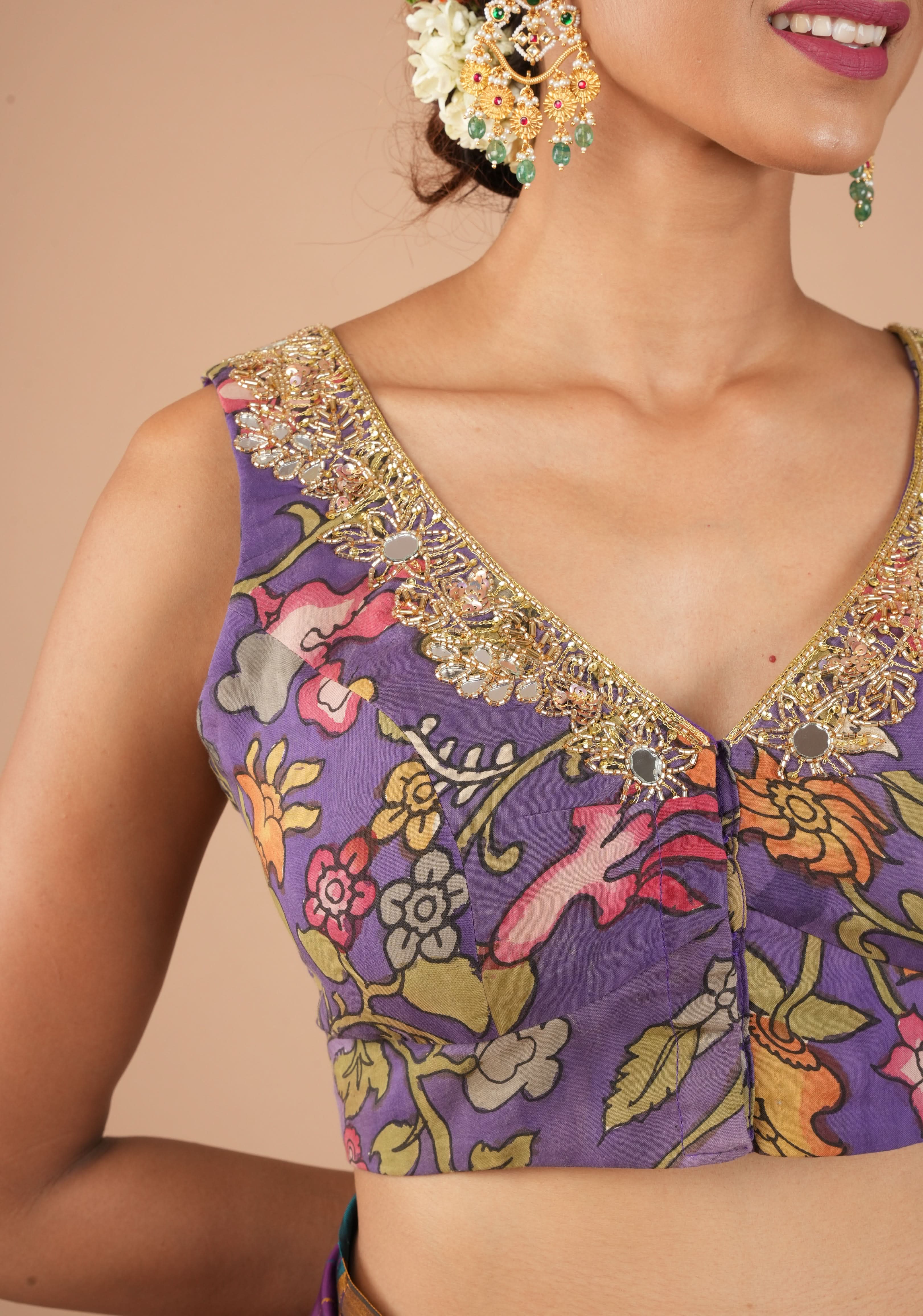 Purple Pure Pen Kalamkari Sleeveless Blouse with Mirror and Cutdana handworked embellishments, customizable, made-to-order | Shobitam