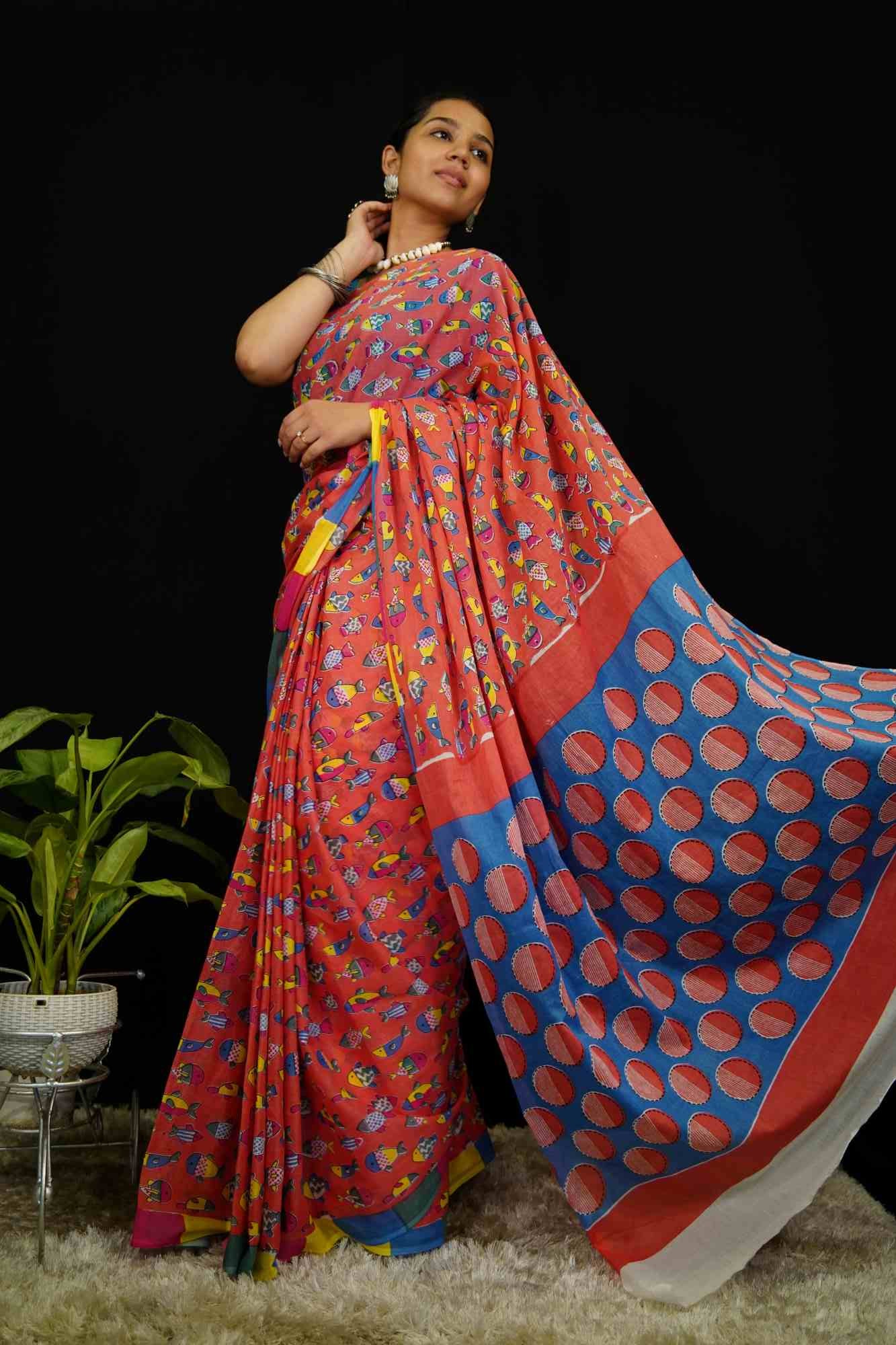 Ready to Wear Pure Mulmul saree With Zari Woven Block Printed Border  & over all Animal print With Tassels