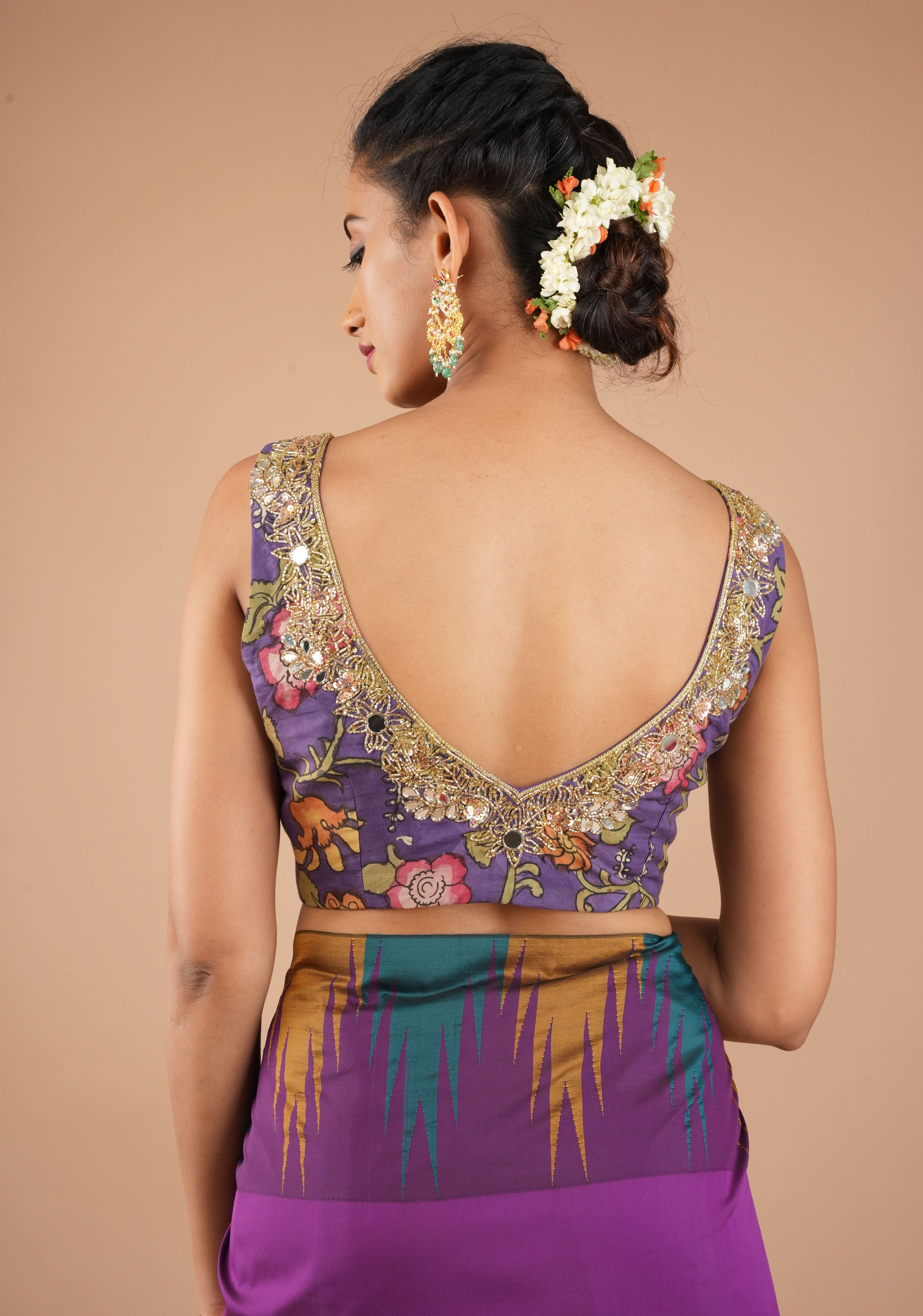 Purple Pure Pen Kalamkari Sleeveless Blouse with Mirror and Cutdana handworked embellishments, customizable, made-to-order | Shobitam