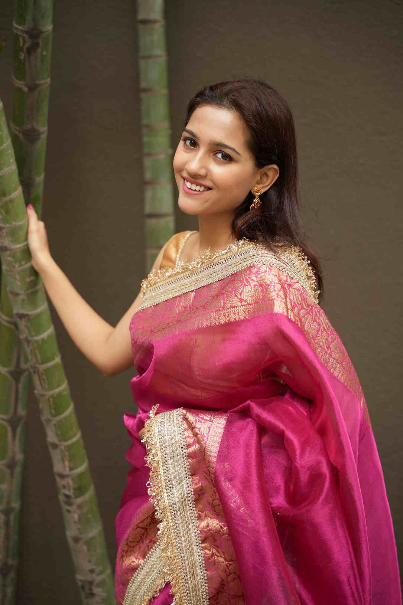 Rani Pink Banarasi-Inspired Tissue Silk with Zari-Embroidered Border Ready To Wear Saree