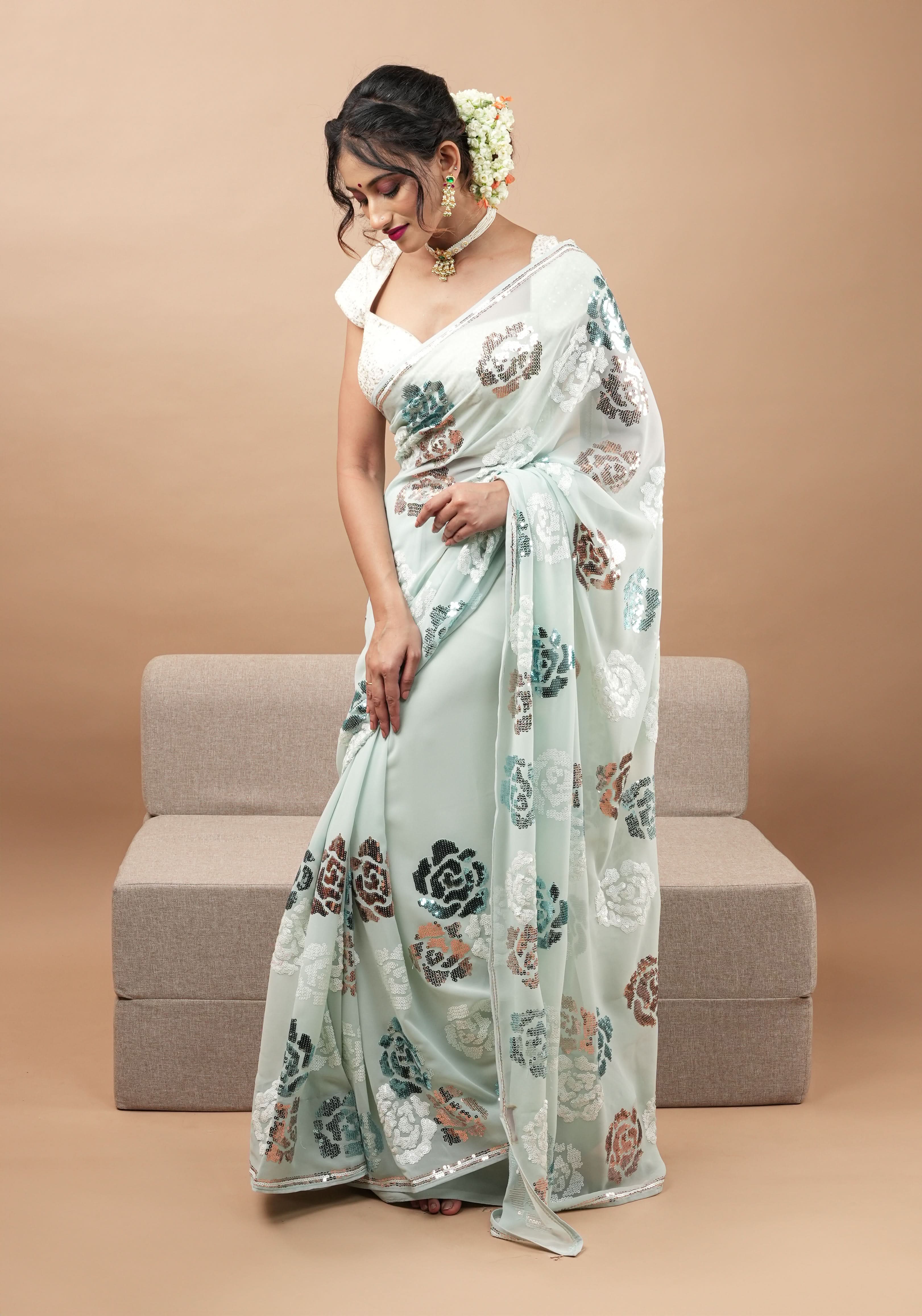 Georgette Saree in pale pista green with rose design sequin work | Shobitam