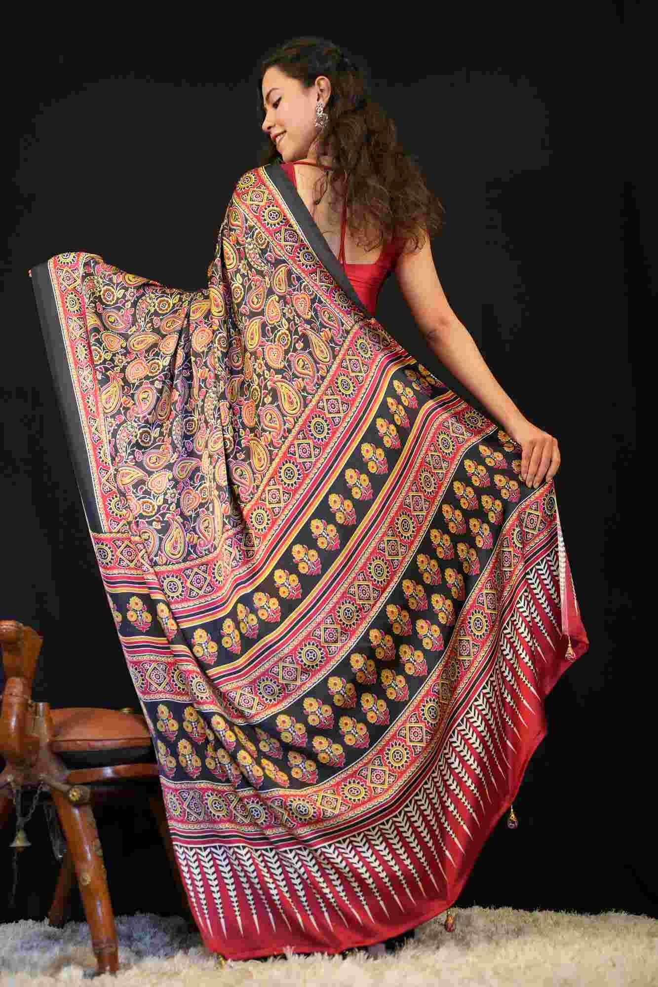 Beautiful Soft Crepe Red & Black Overall Ethnic Motif Printed Pre Drape Saree