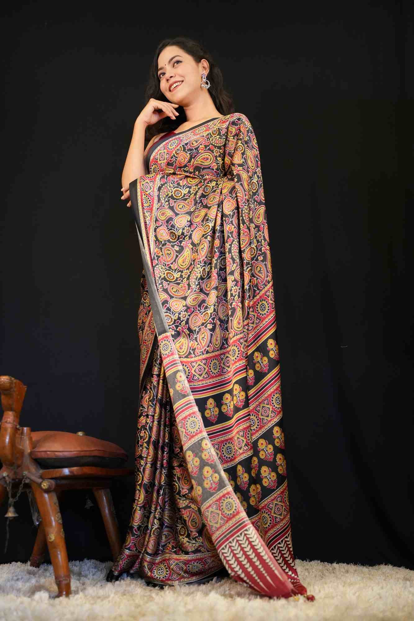 Beautiful Soft Crepe Red & Black Overall Ethnic Motif Printed Pre Drape Saree