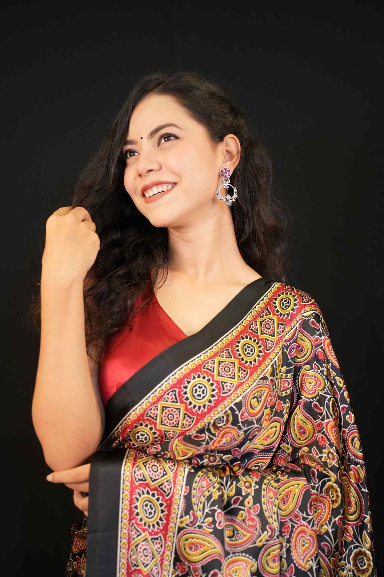 Beautiful Soft Crepe Red & Black Overall Ethnic Motif Printed Pre Drape Saree