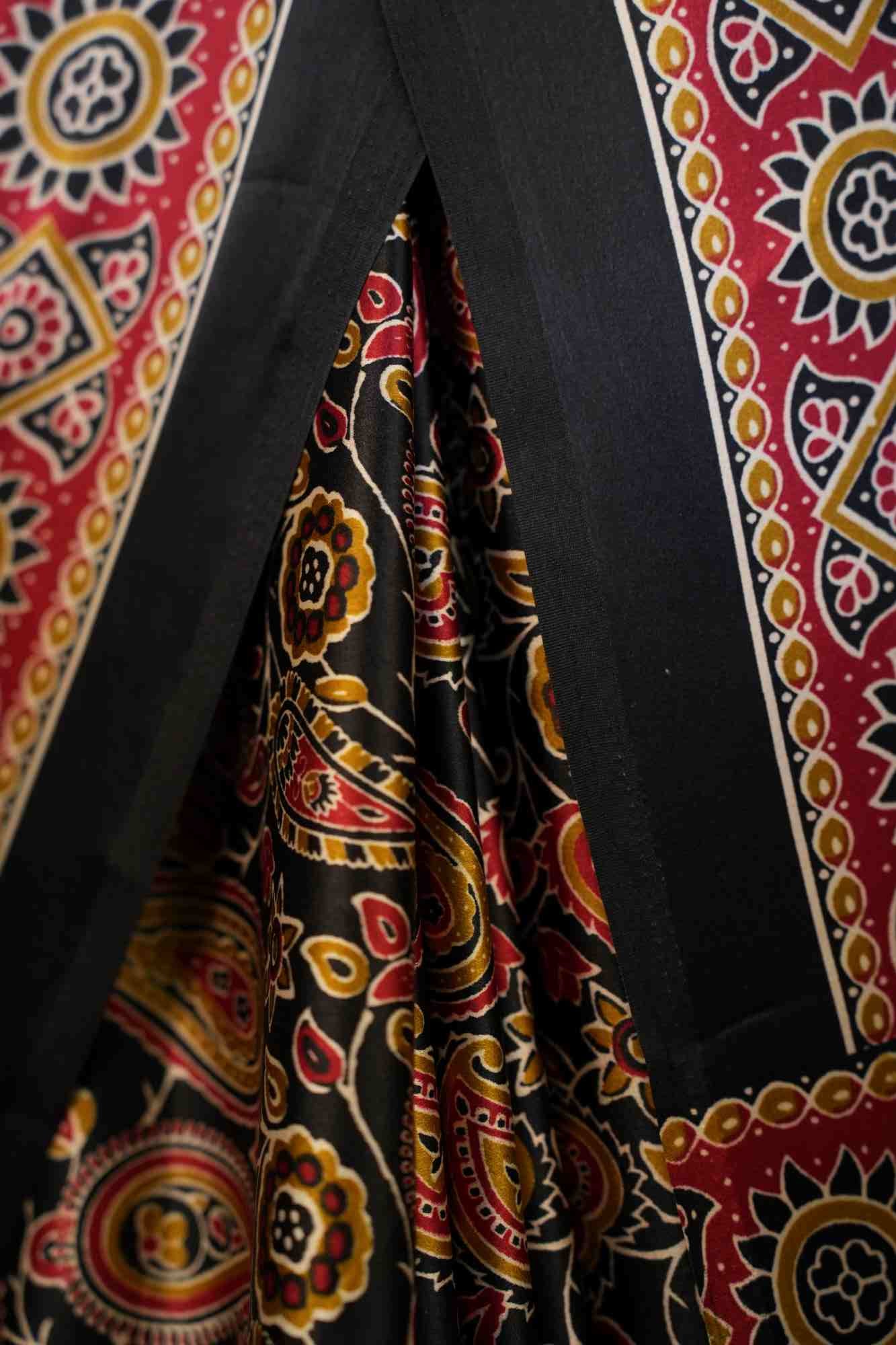 Beautiful Soft Crepe Red & Black Overall Ethnic Motif Printed Pre Drape Saree