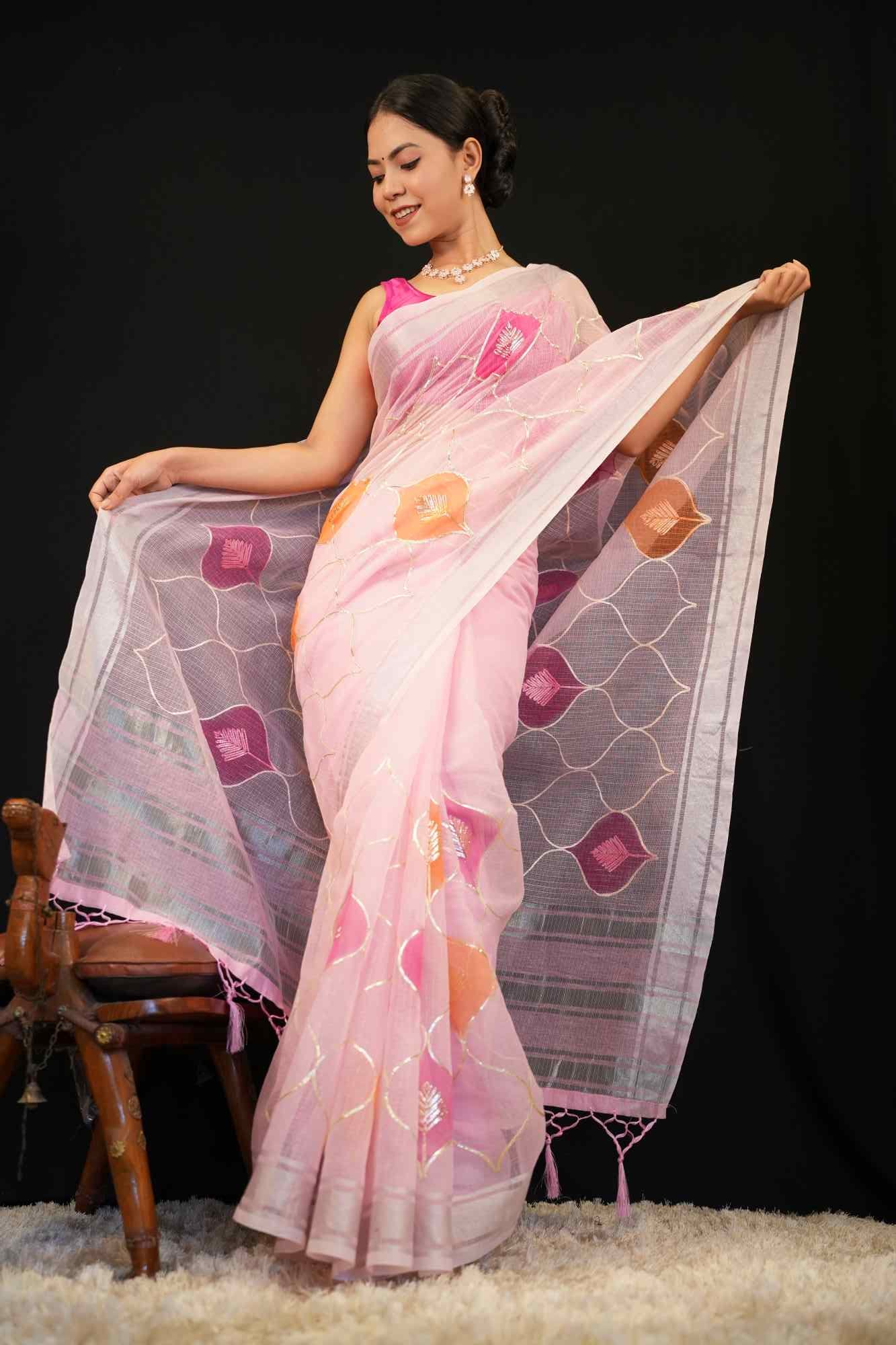 Beautiful Pink kota Cotton With Gota Patti Design And Tassel Pallu Wrap in 1 minute saree