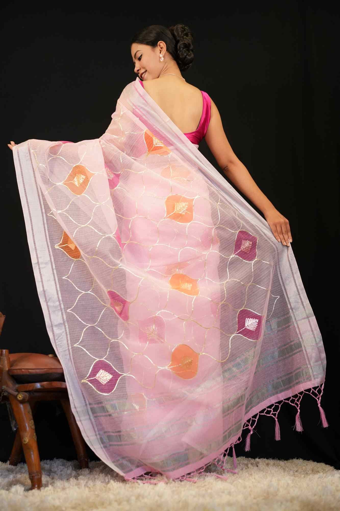 Beautiful Pink kota Cotton With Gota Patti Design And Tassel Pallu Wrap in 1 minute saree