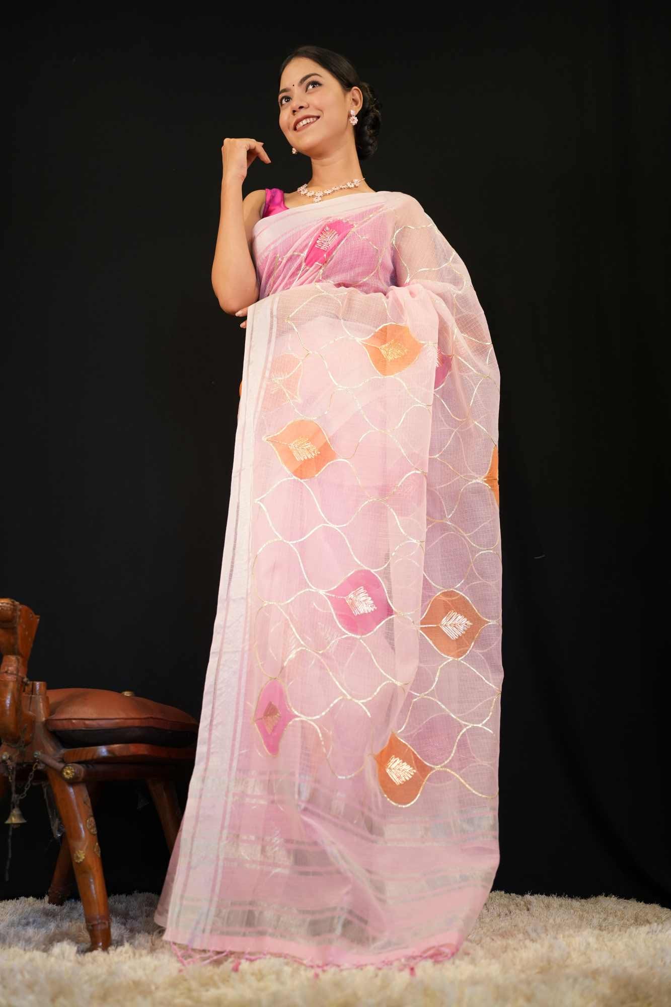 Beautiful Pink kota Cotton With Gota Patti Design And Tassel Pallu Wrap in 1 minute saree