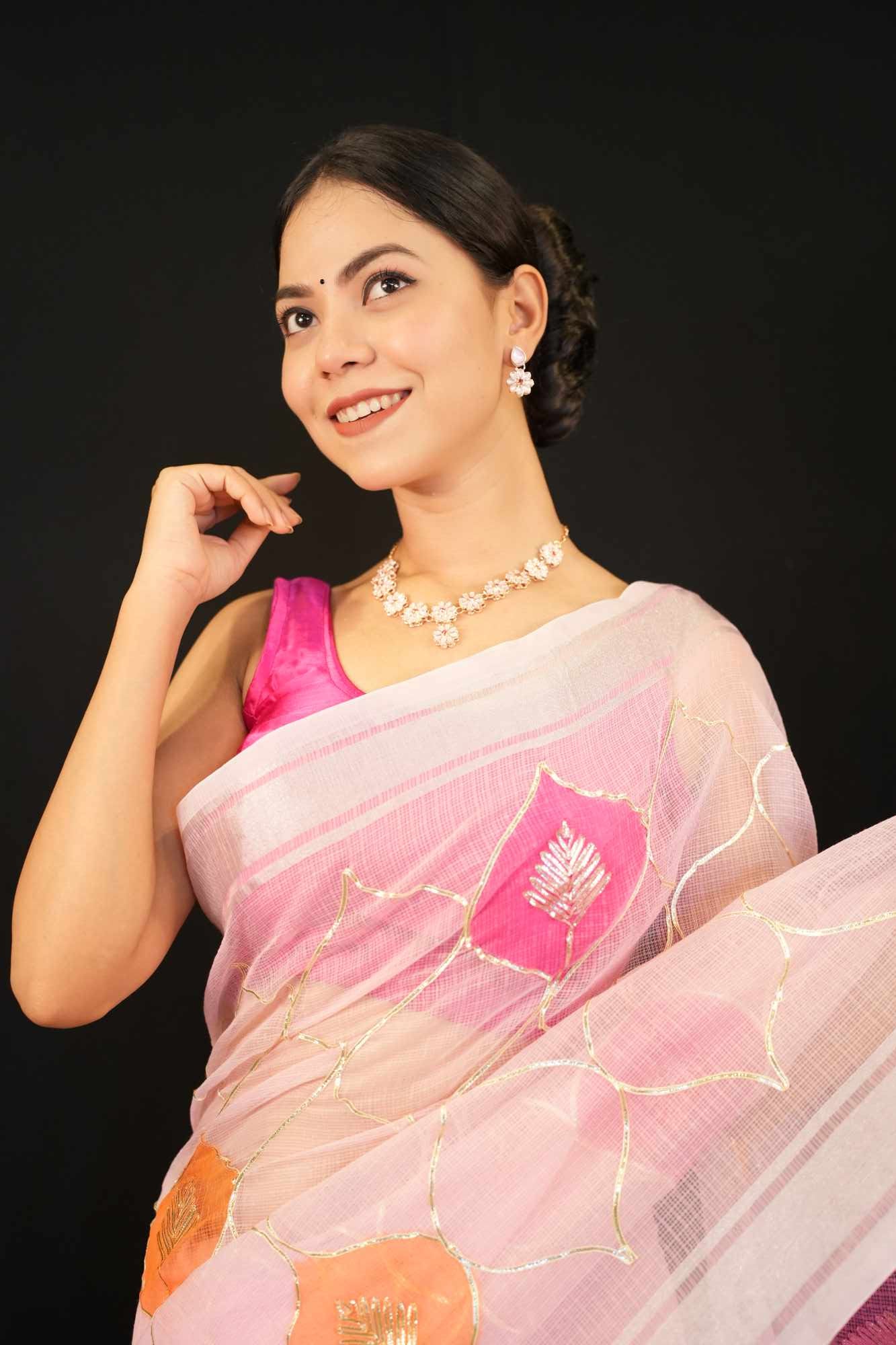 Beautiful Pink kota Cotton With Gota Patti Design And Tassel Pallu Wrap in 1 minute saree