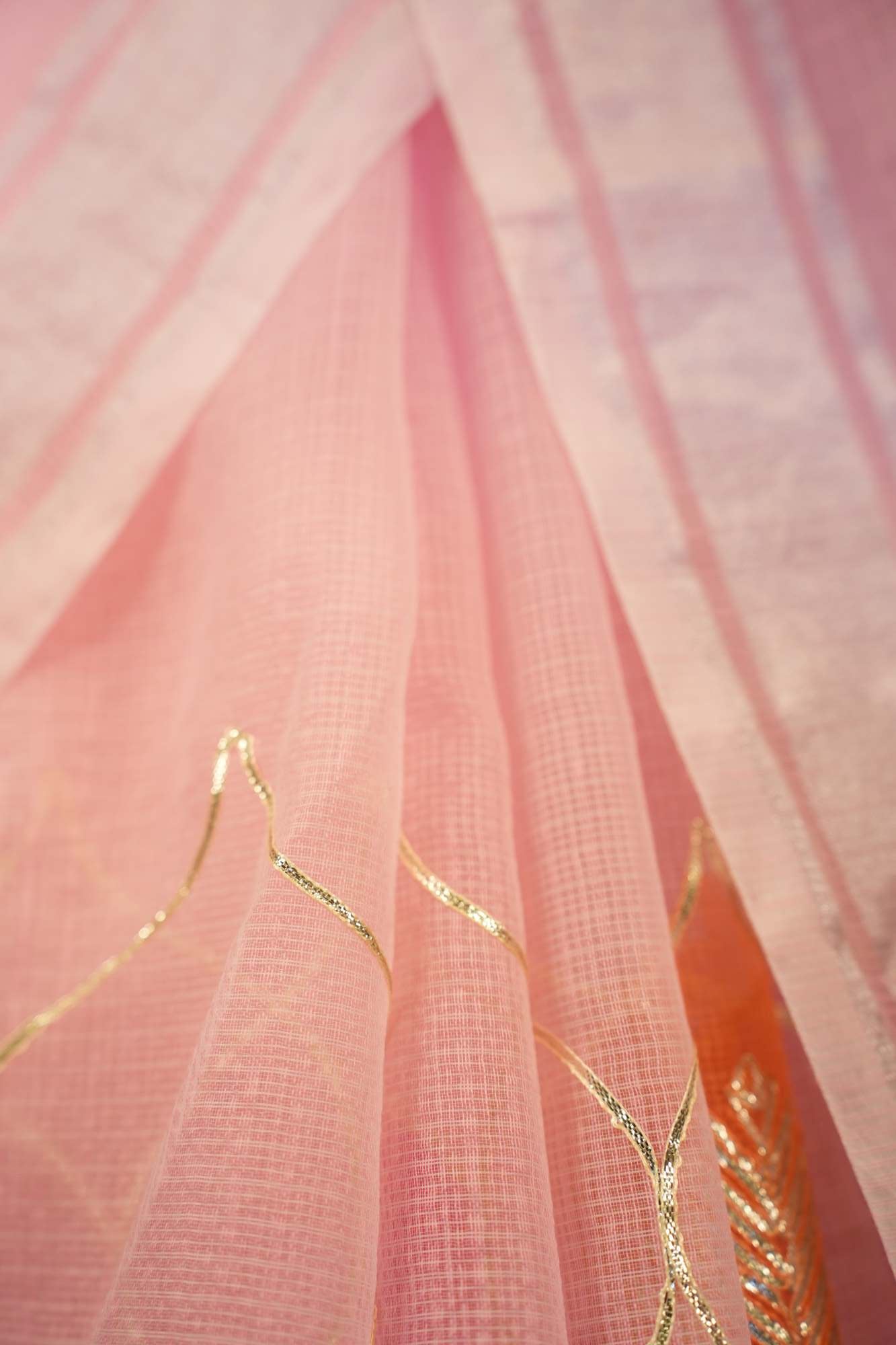 Beautiful Pink kota Cotton With Gota Patti Design And Tassel Pallu Wrap in 1 minute saree